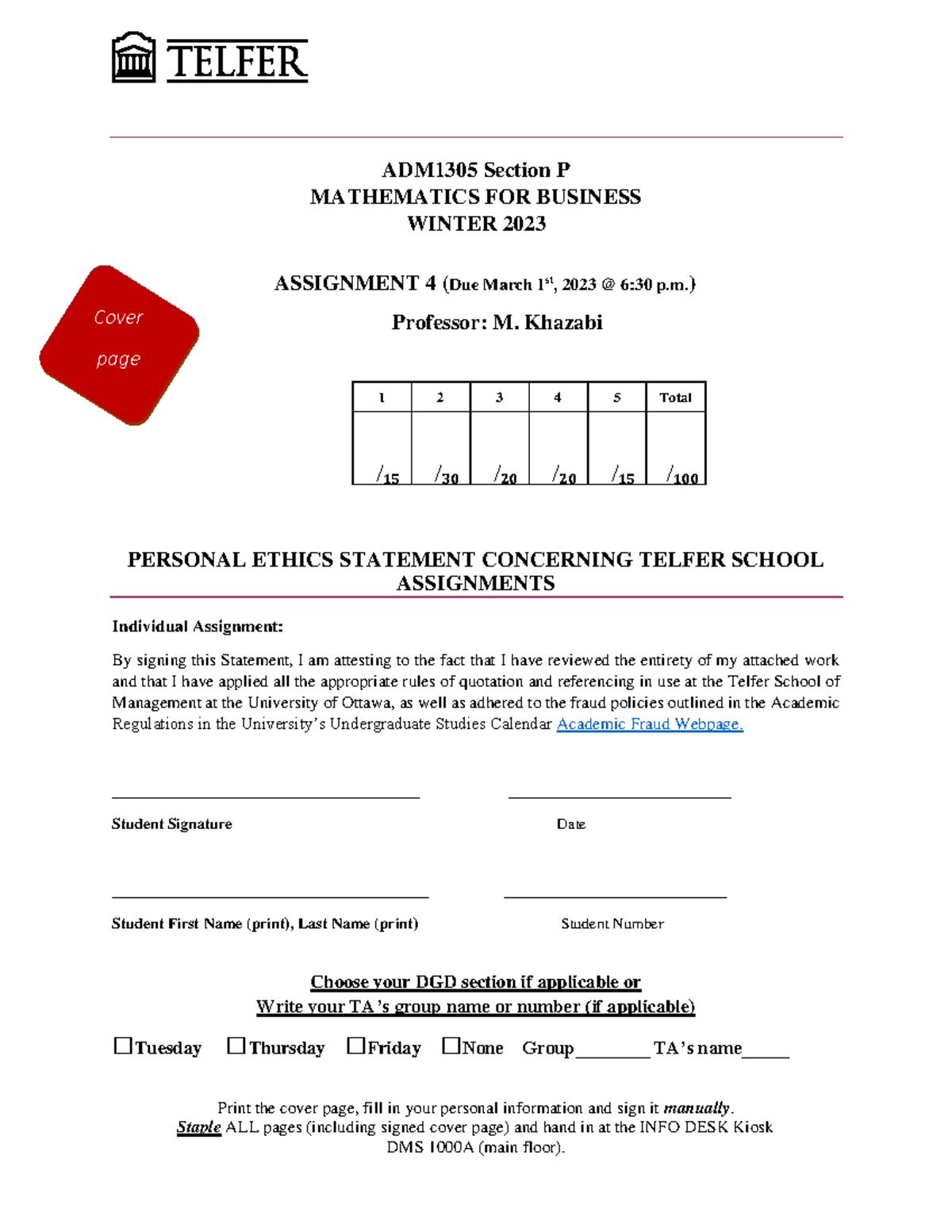 Assignment 4 - Print the cover page, fill in your personal information ...