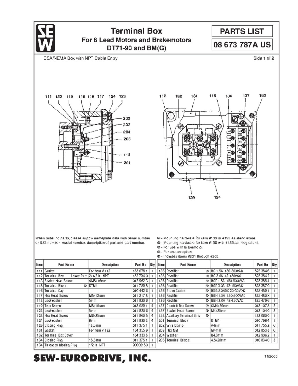 08673787 A - electric - SEW-EURODRIVE, INC. Terminal Box For 6 Lead