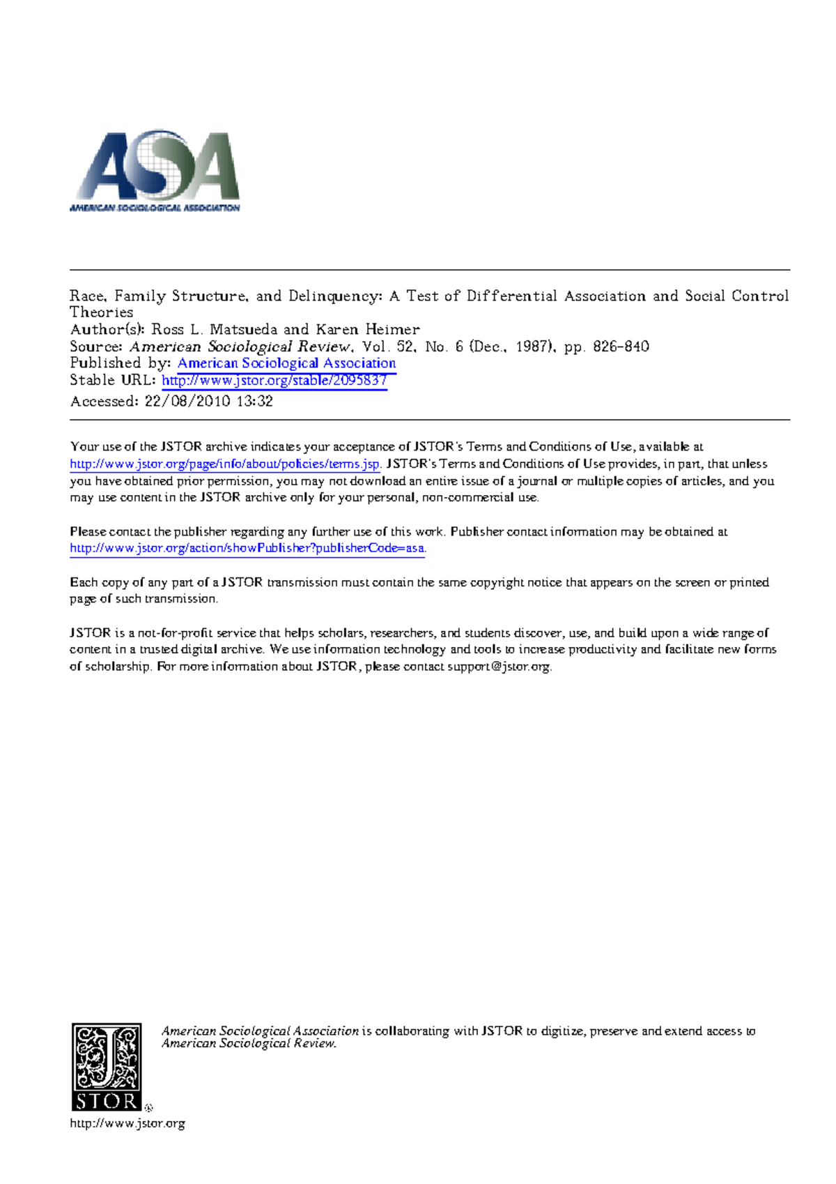 Matsueda & Heimer Differential association and control theories 1