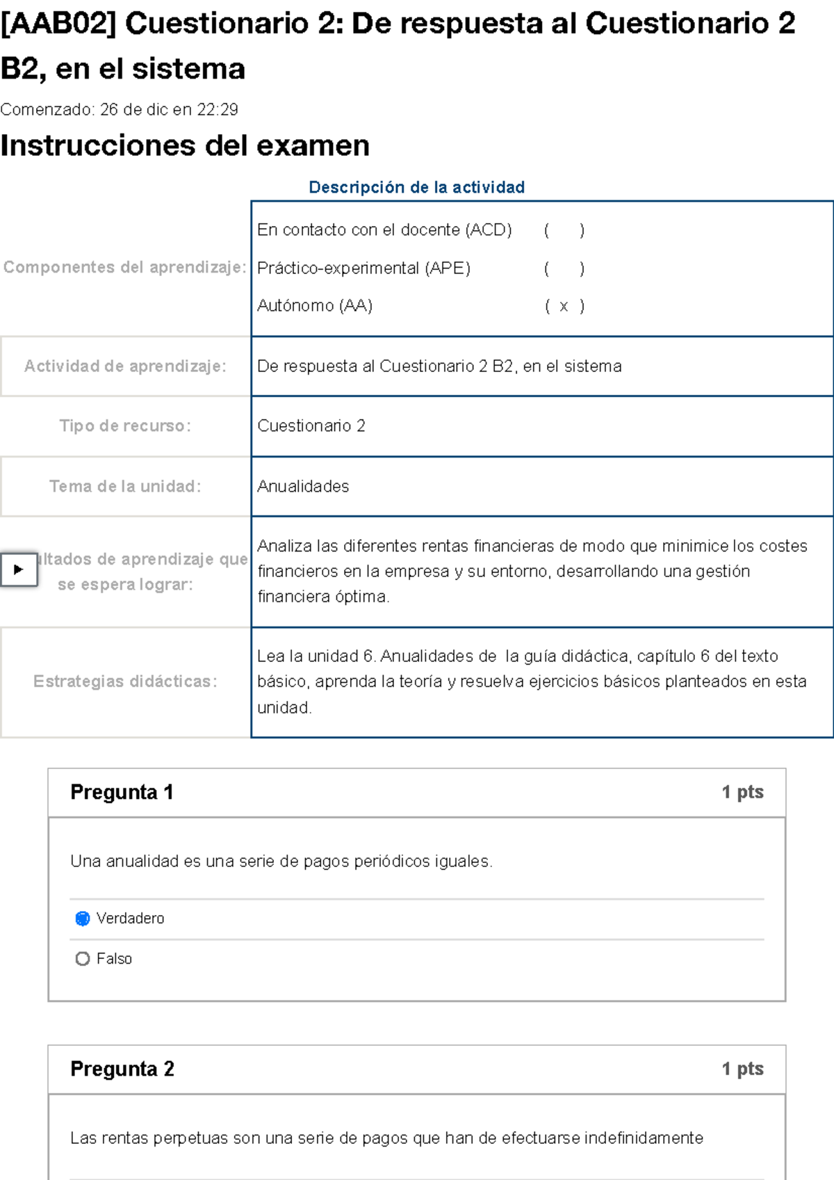 Examen [AAB02] Cuestionario 2 De Respuesta Al Cuestionario 2 B2, En El ...