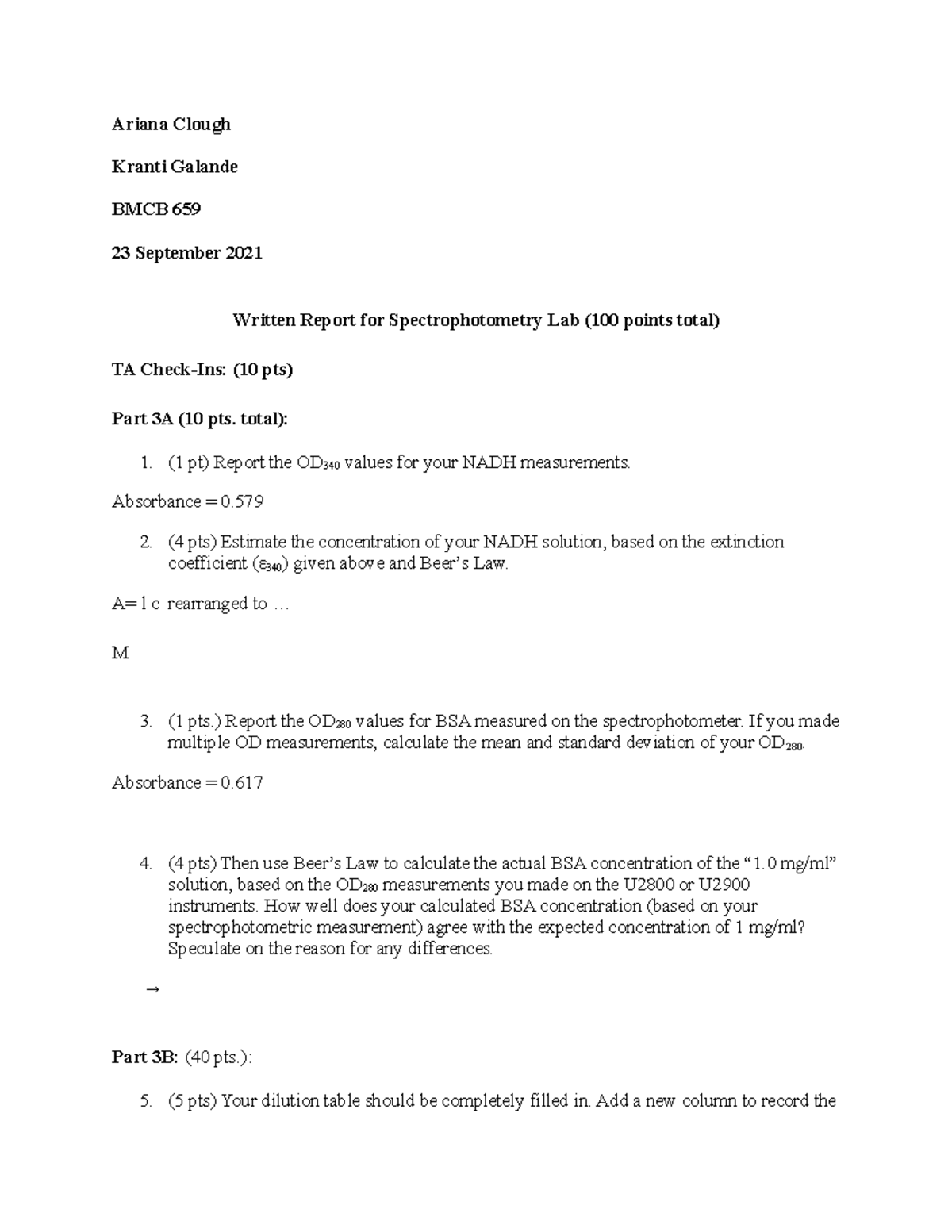 Spectrophotometry Lab Report Ariana Clough Kranti Galande BMCB 659 23