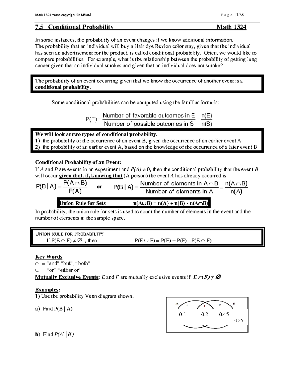 Math 1324-P35 7.5 Notes - 7 Conditional Probability Math 1324 In some ...