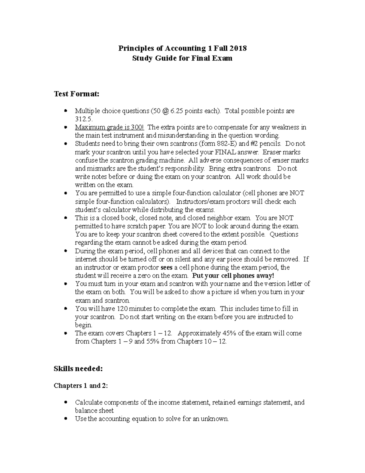 Study Guide Final Exam Fall 2018 - Principles of Accounting 1 Fall 2018 ...