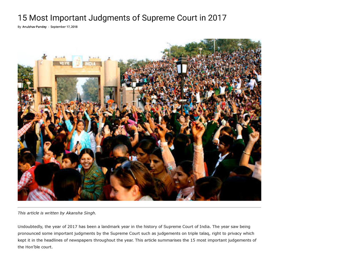 15 Most Important Judgments Of Supreme Court In 2017 - Undoubtedly, The ...