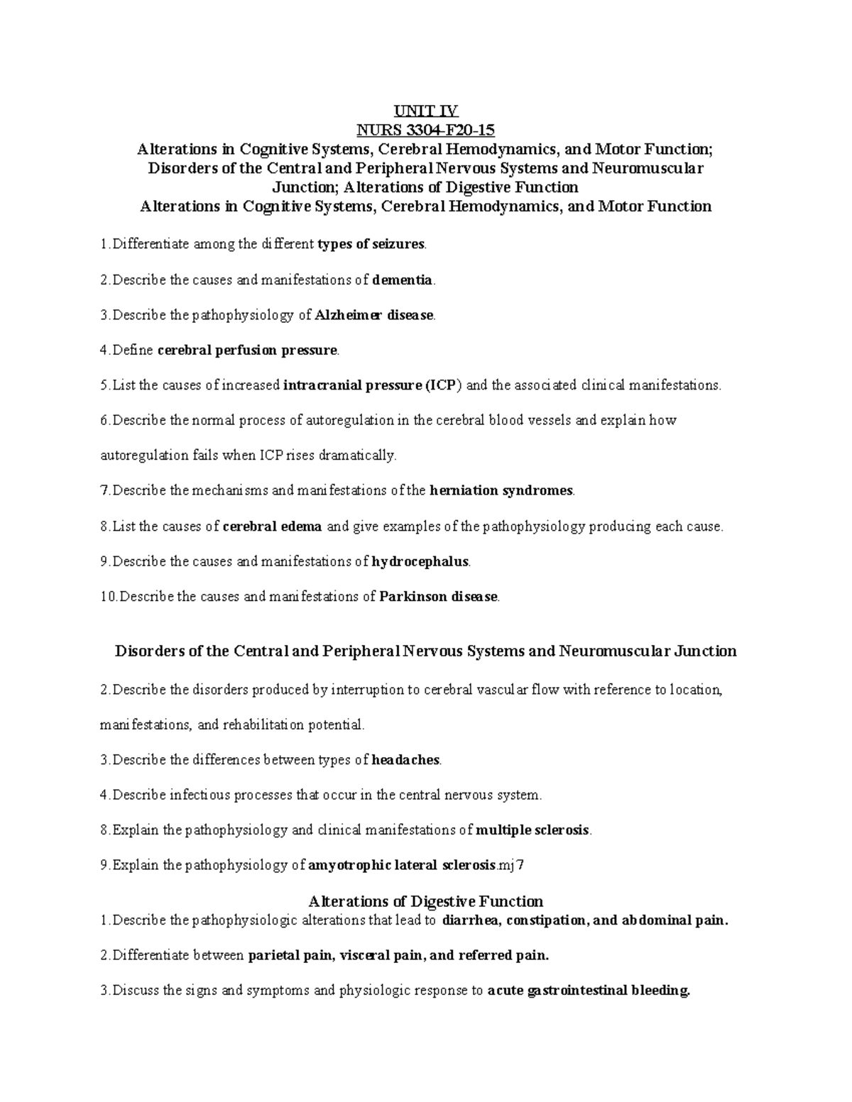 Patho Exam 4 Objectives - UNIT IV NURS 3304-F20- Alterations in ...