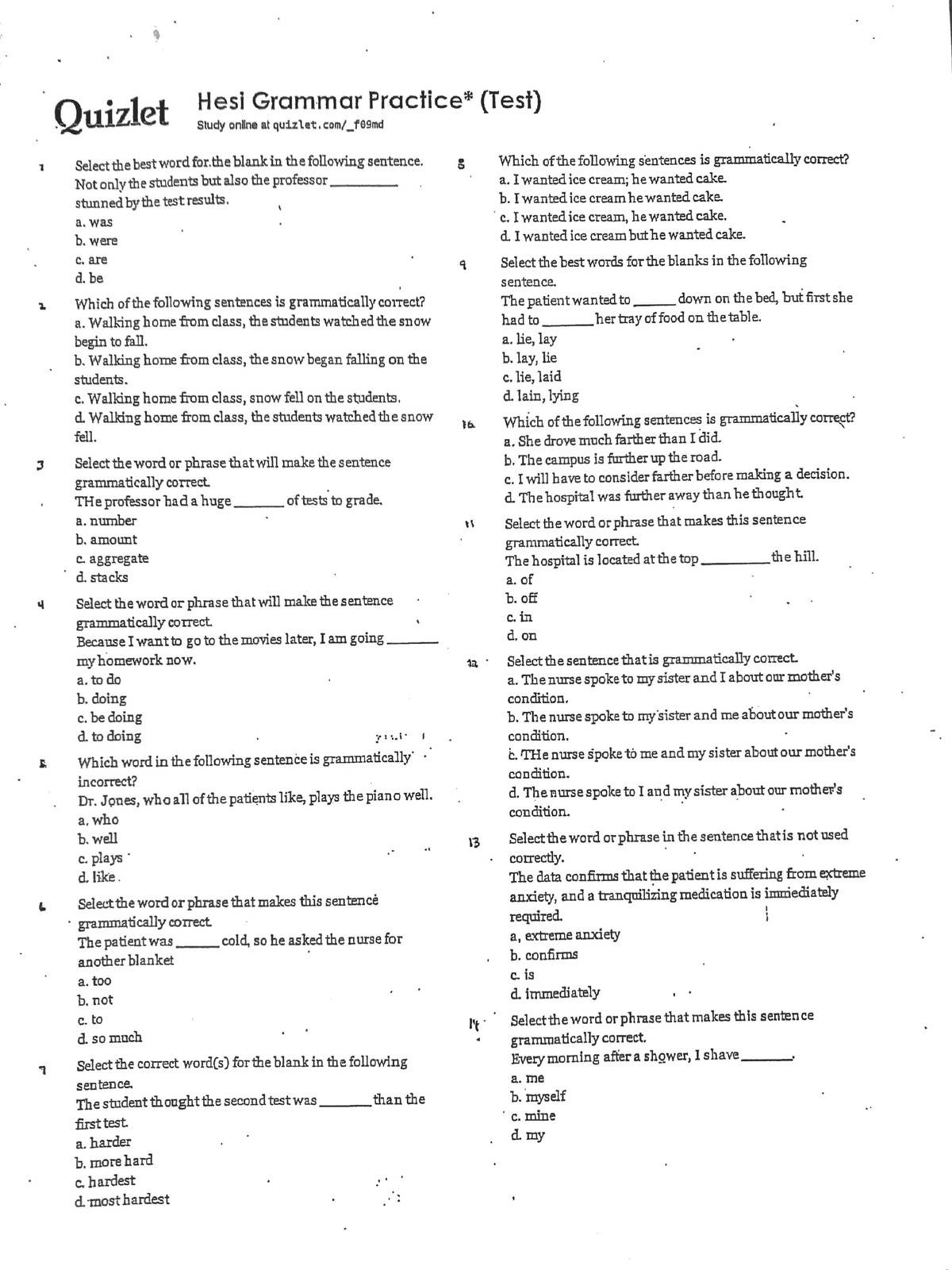 Quizlet HESI Grammar Practice Test - Engineering - Studocu