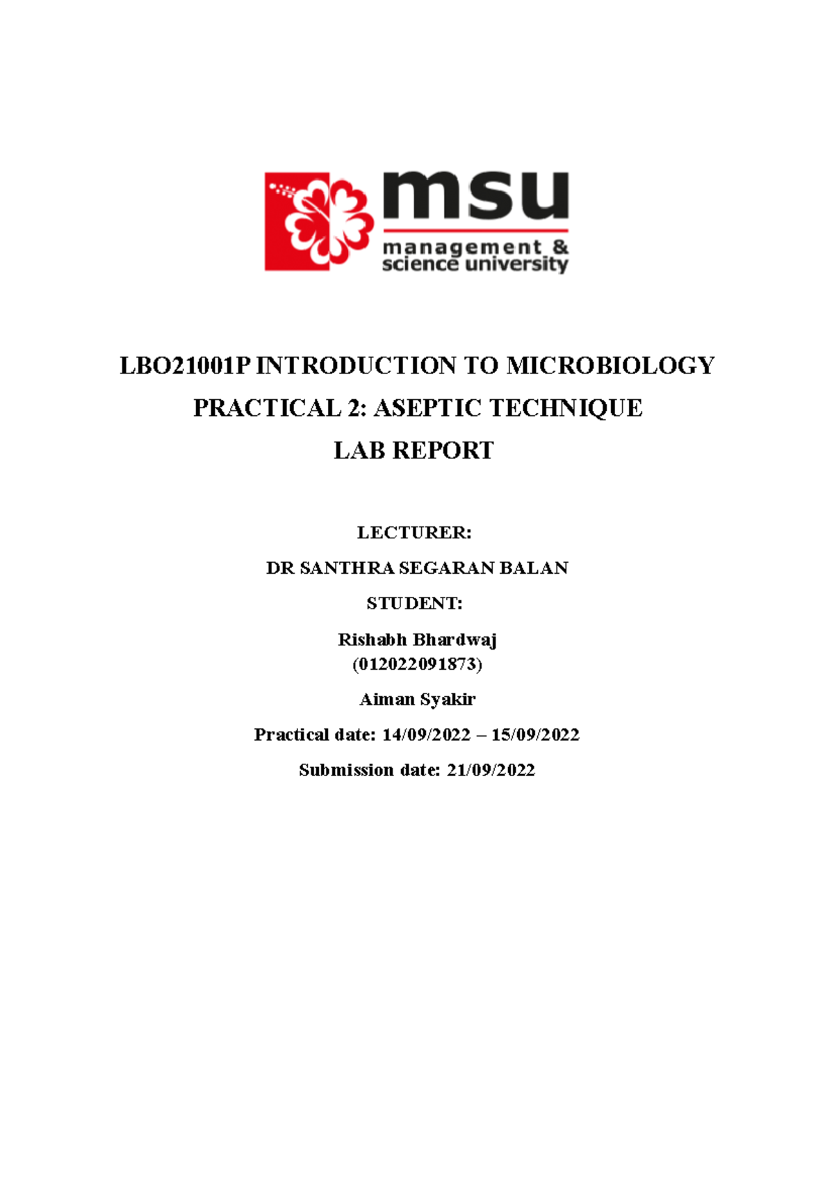 Microbiology Lab Report 1 LBO21001P INTRODUCTION TO MICROBIOLOGY