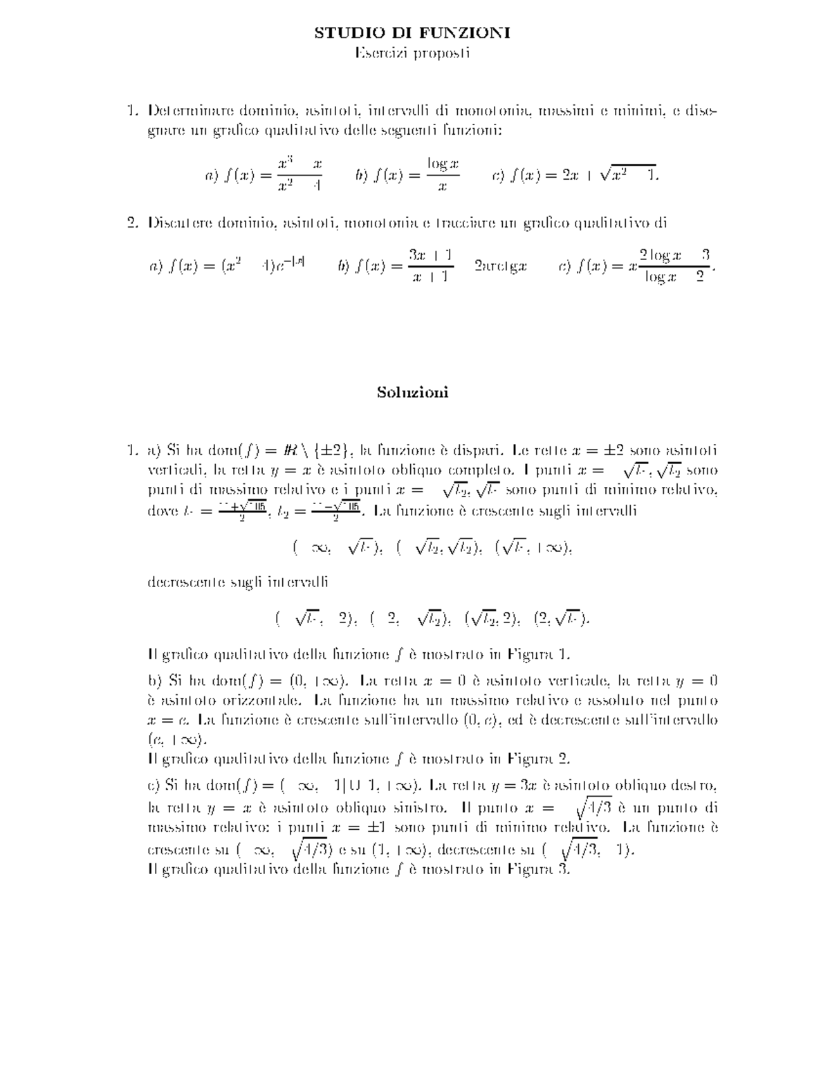 Studio Di Funzione - Esercizi Con Soluzioni - STUDIO DI FUNZIONI ...