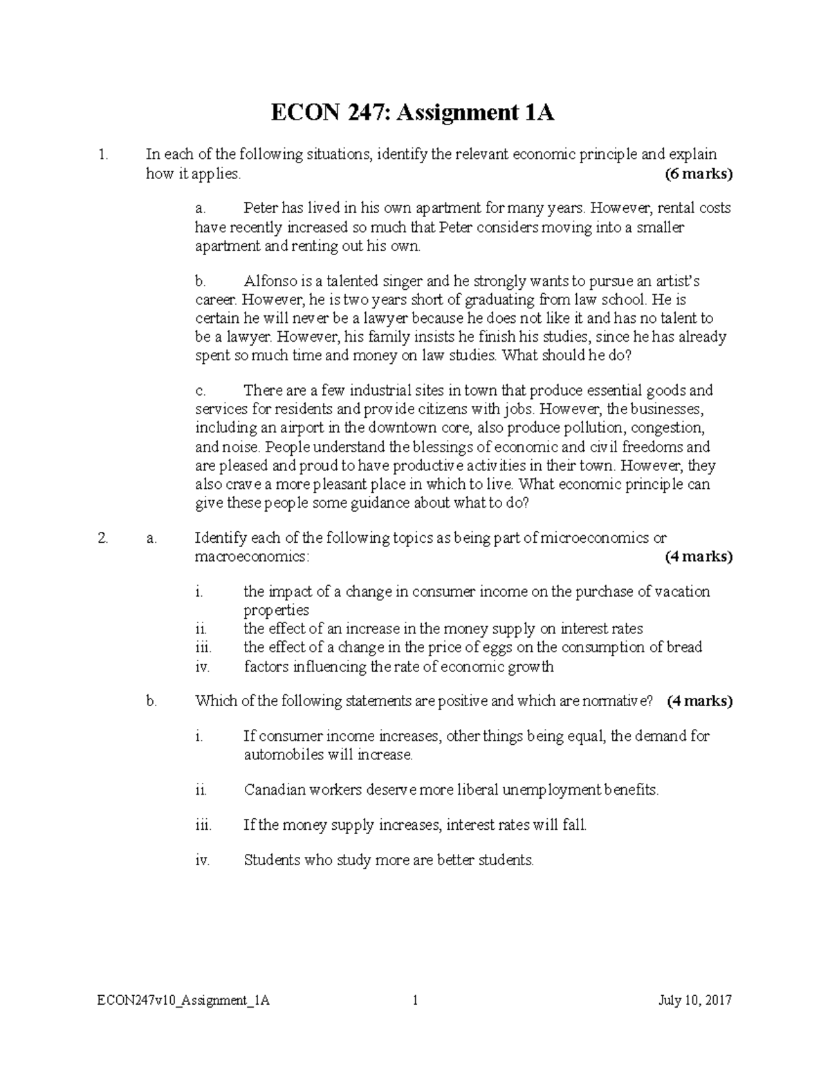ECON247v10 Assignment 1A - ECON 247: Assignment 1A In each of the ...
