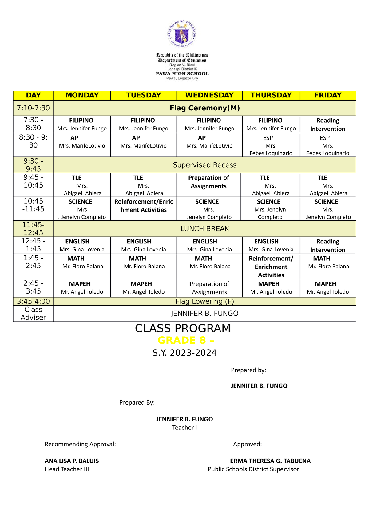 CP-G8 - Philippine Normal University - DAY MONDAY TUESDAY WEDNESDAY ...