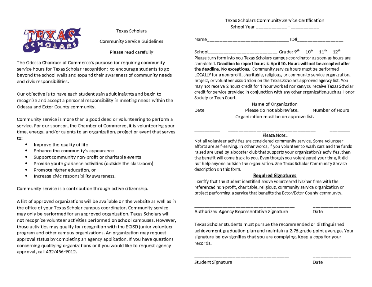 Community Service Form - Texas Scholars Community Service Guidelines ...