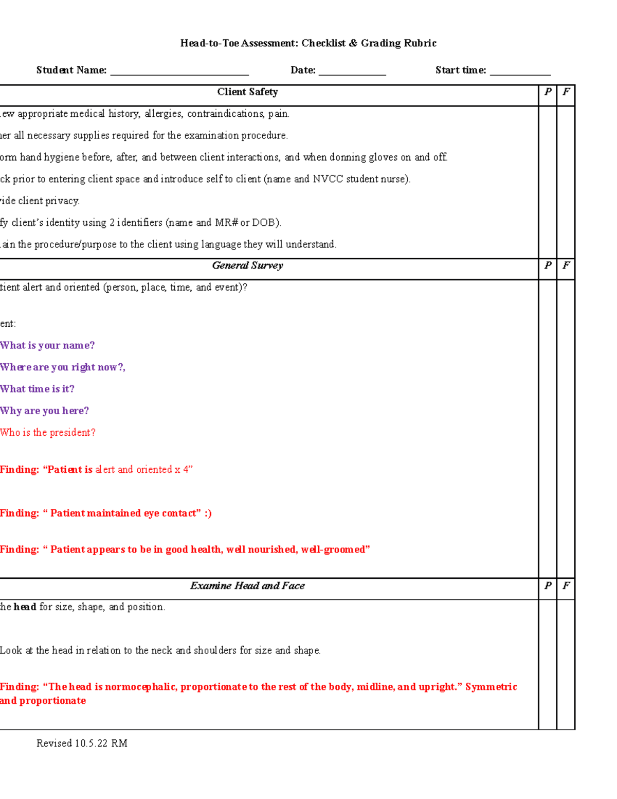 NSG 200 Head to Toe Assessment Check List and Grading Rubric - Student ...