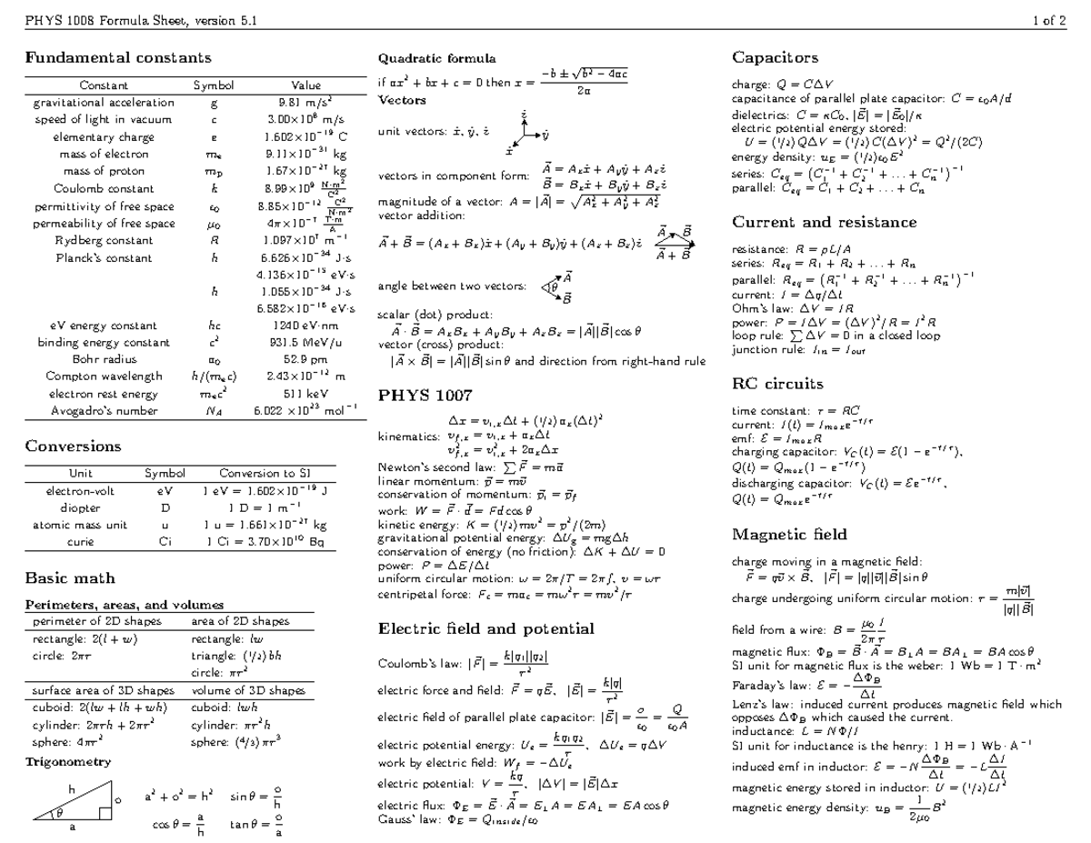 Formula sheet v5 - PHYS 1008 Formula Sheet, version 5 1 of 2 ...