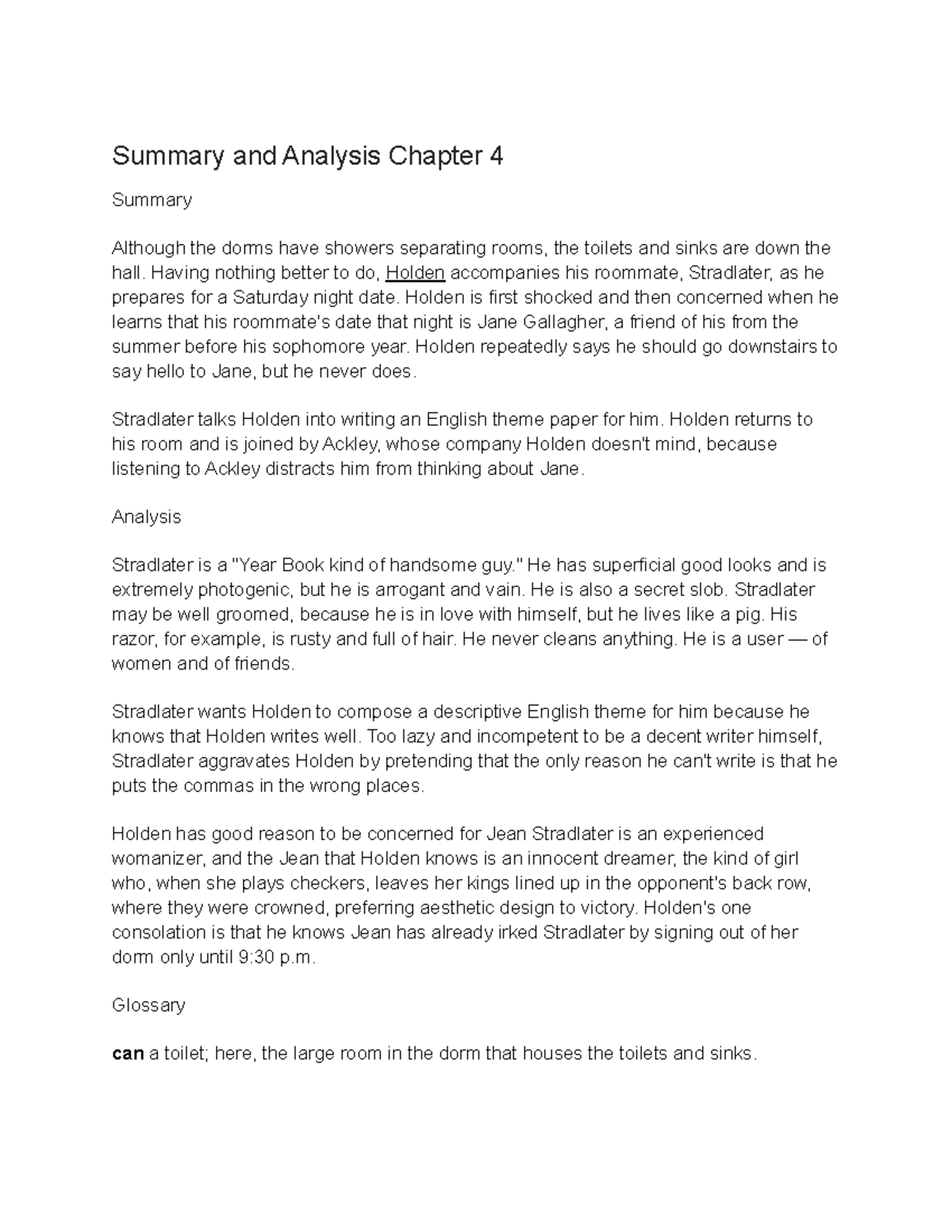 Summary and Analysis Chapter 4 catcher and the rye Summary and