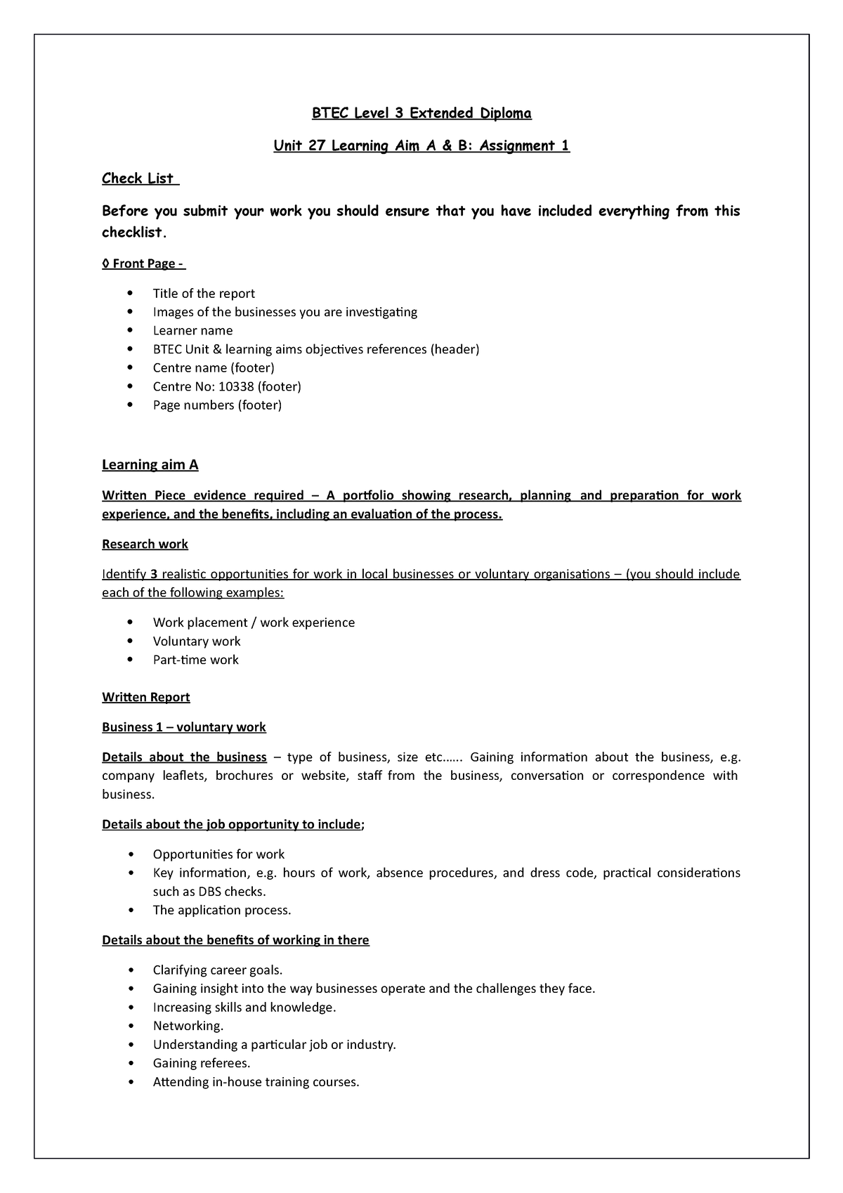 btec business level 3 unit 27 work experience assignment 2