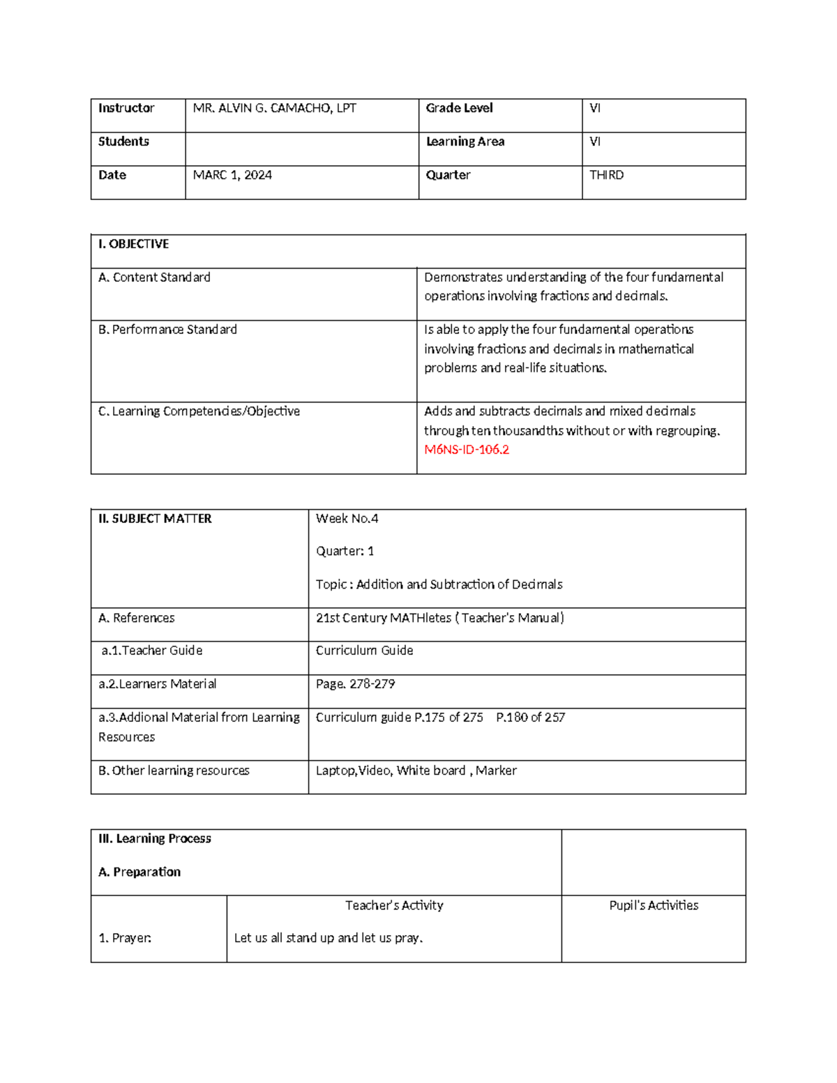 Lessonplan math - BEED 2-C - Instructor MR. ALVIN G. CAMACHO, LPT Grade ...