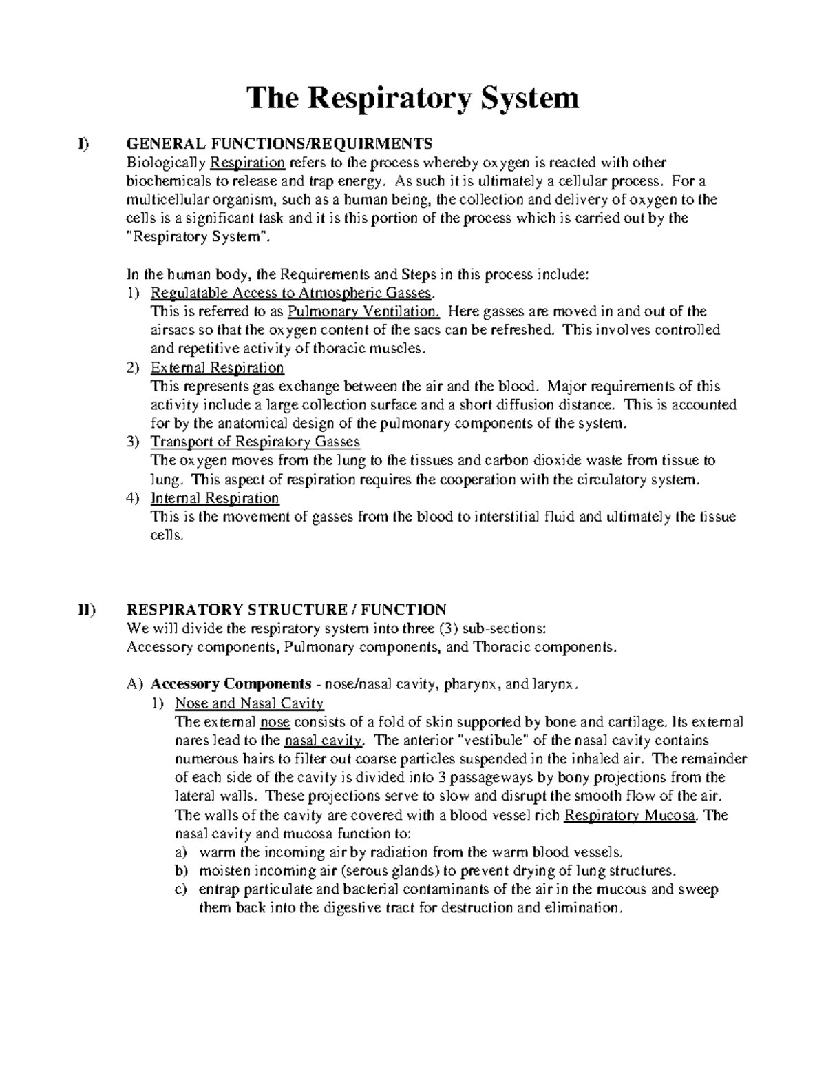 HB 04 THE Respiratory System 13 - The Respiratory System I) GENERAL ...