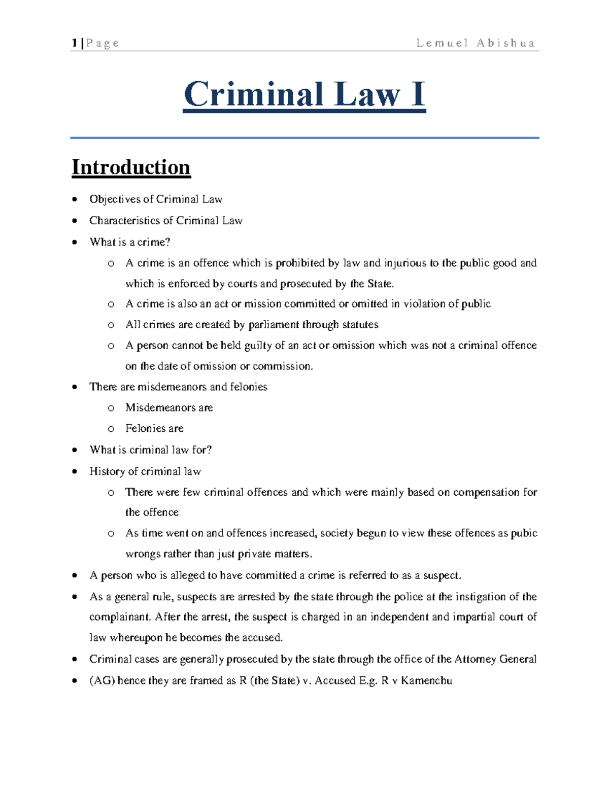 Criminal Law - Main Notes - Criminal Law I Introduction Objectives Of 