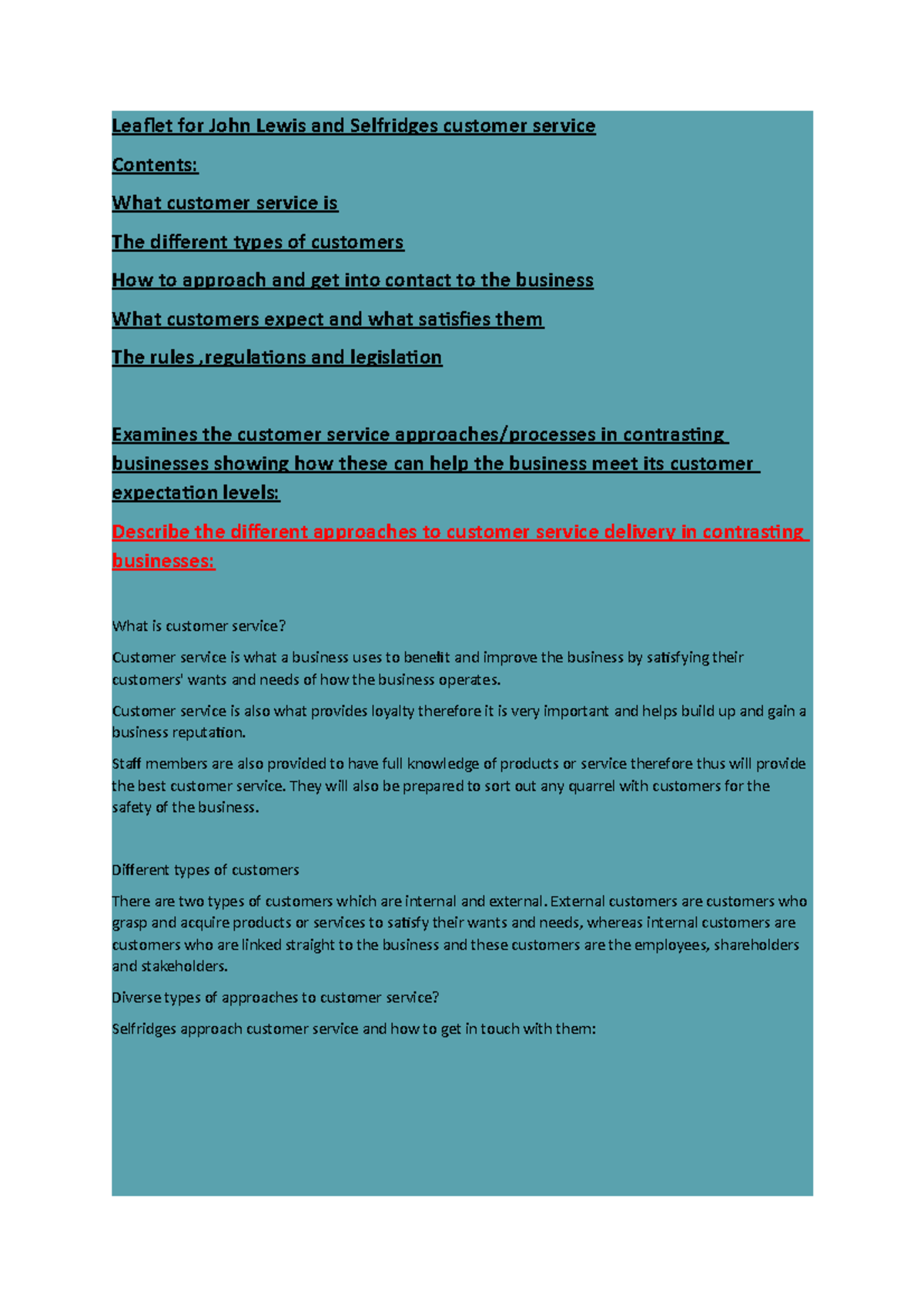 Leaflet customer service assignment Leaflet for John Lewis and