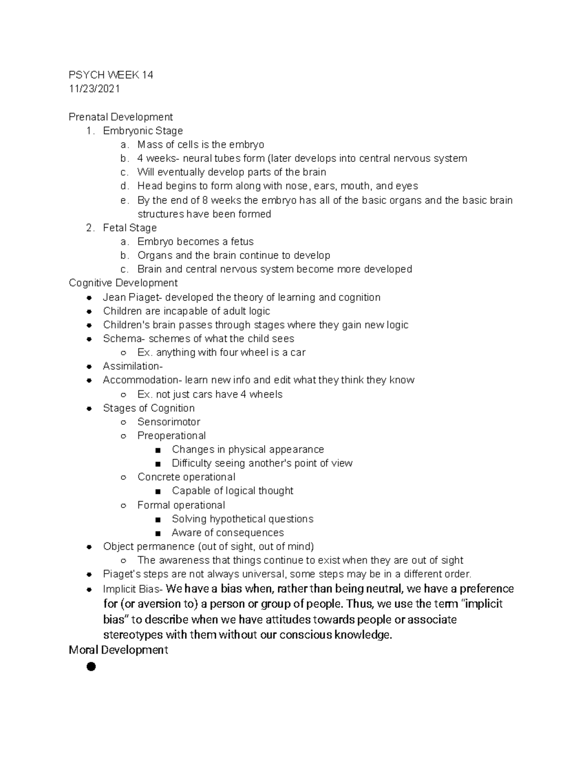 Psych WEEK 14 - Lecture notes 14 - PSYCH WEEK 14 11/23/ Prenatal ...