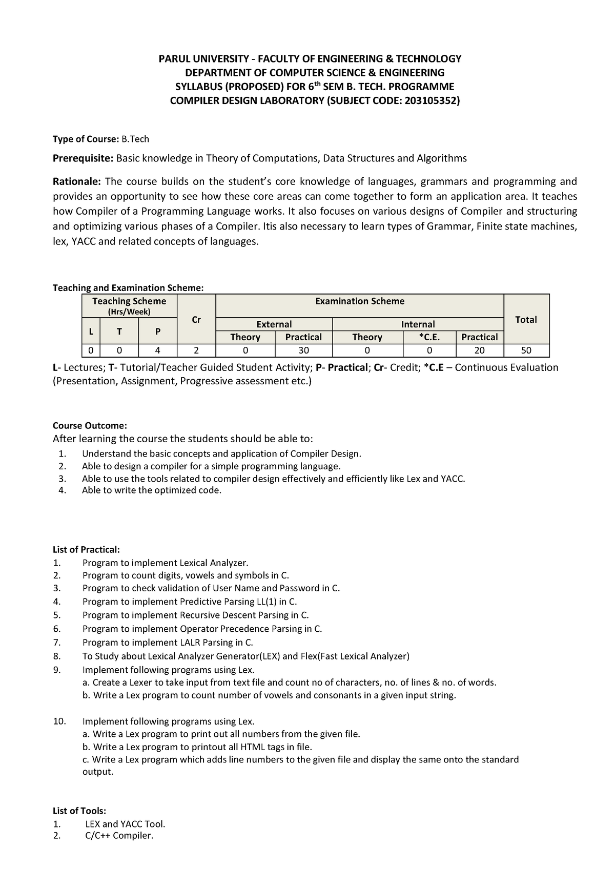 Sem 6 - Compiler Design Lab Syllabus (PIET) - PARUL UNIVERSITY ...