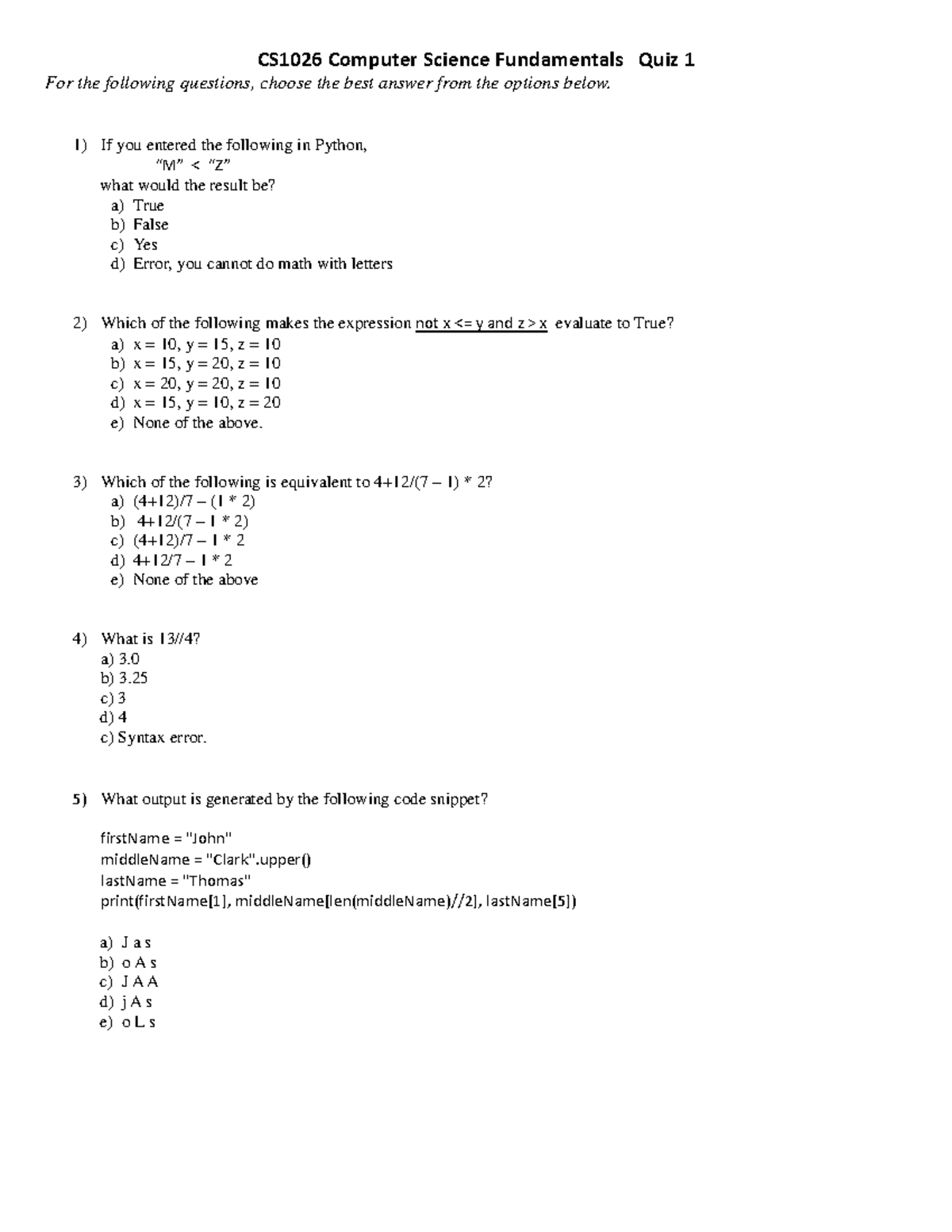 2020 Midterm Review - CS1026 Computer Science Fundamentals Quiz 1 For ...