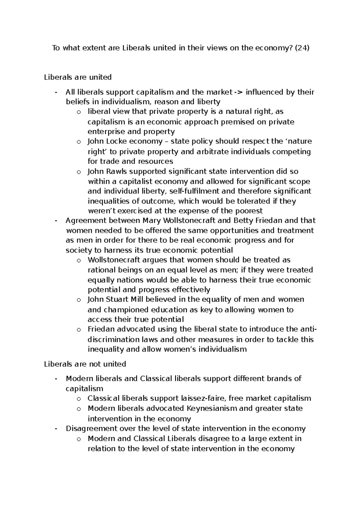 Liberalism and economy - To what extent are Liberals united in their ...