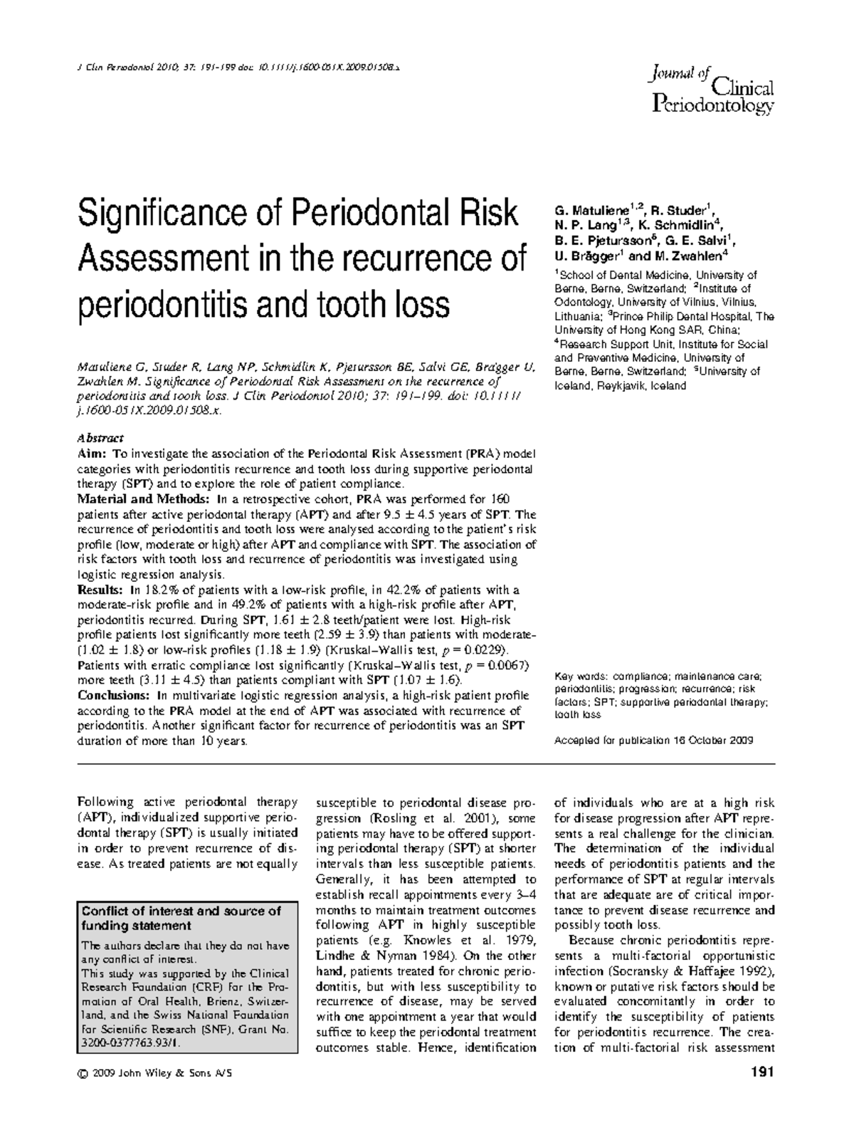 Matuliene 2010 Significance of Periodontal Risk Assessment in the ...