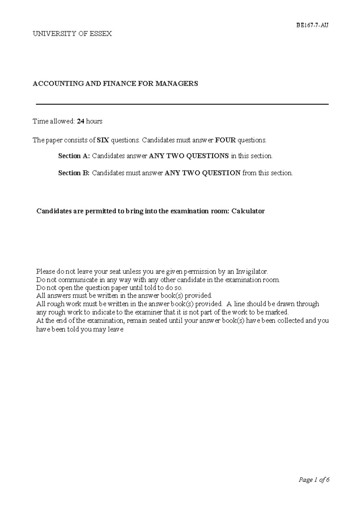 examination papers - BE167-7-AU Page 1 of 6 UNIVERSITY OF ESSEX ...