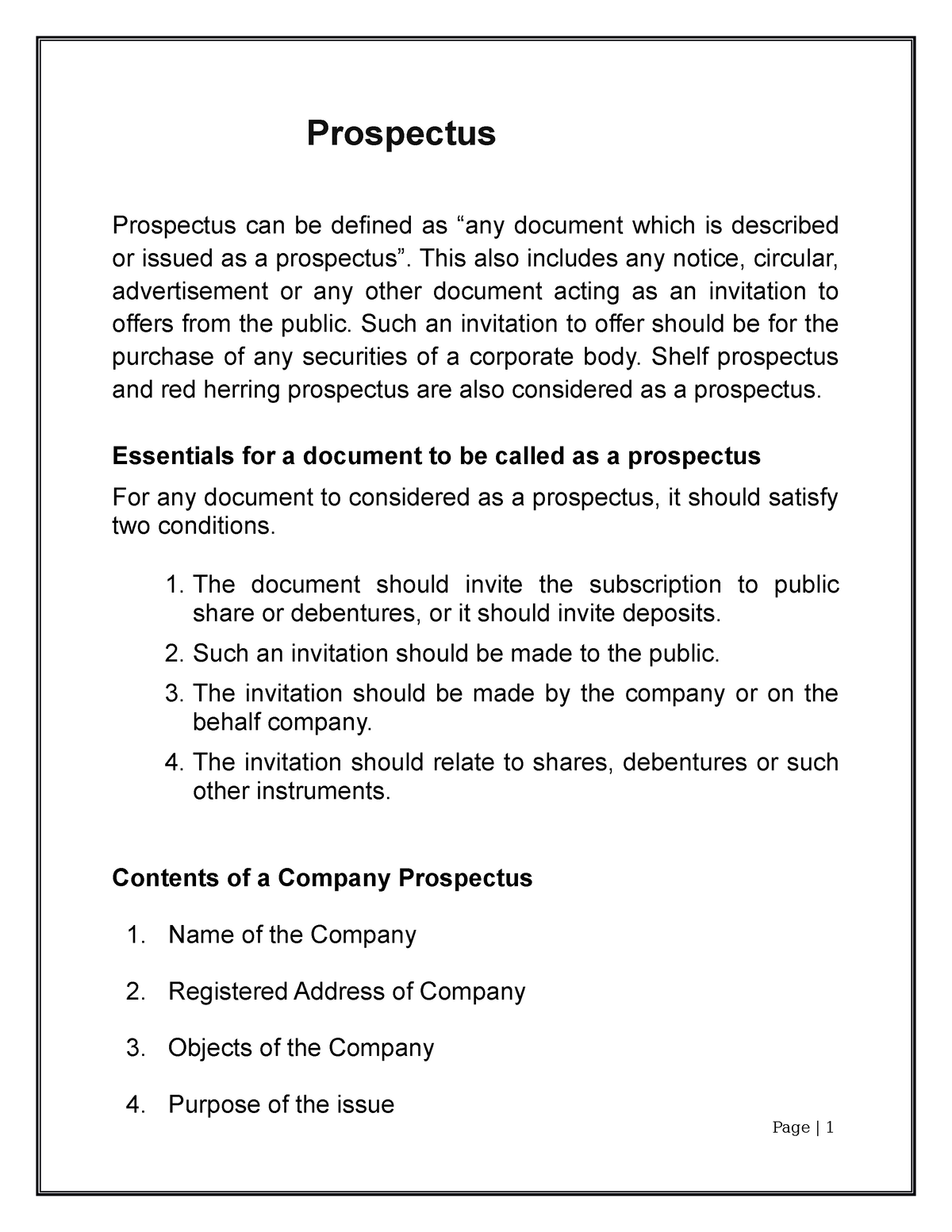 Prospectus - Company Law - Prospectus Prospectus Can Be Defined As “any ...