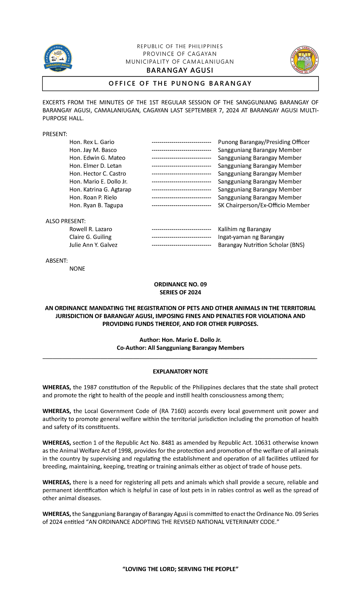 Animal Registration - sample - R E P U B L I C O F T H E PH I L I P PI ...