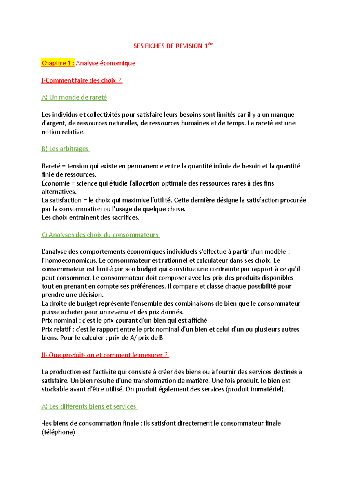 SES Fiches DE Revision 1ère SES FICHES DE REVISION 1ère Chapitre 1 Analyse économique I