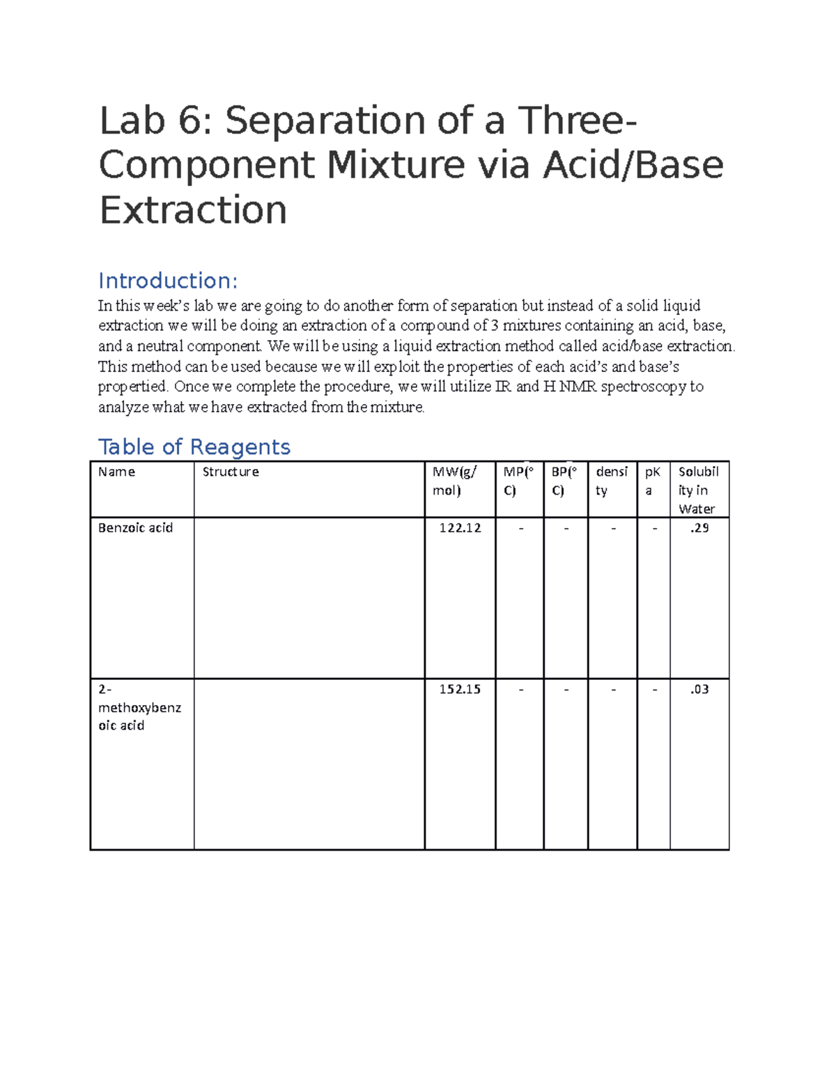 Lab 6 pre lab Extraction of a mineral through acid base extraction