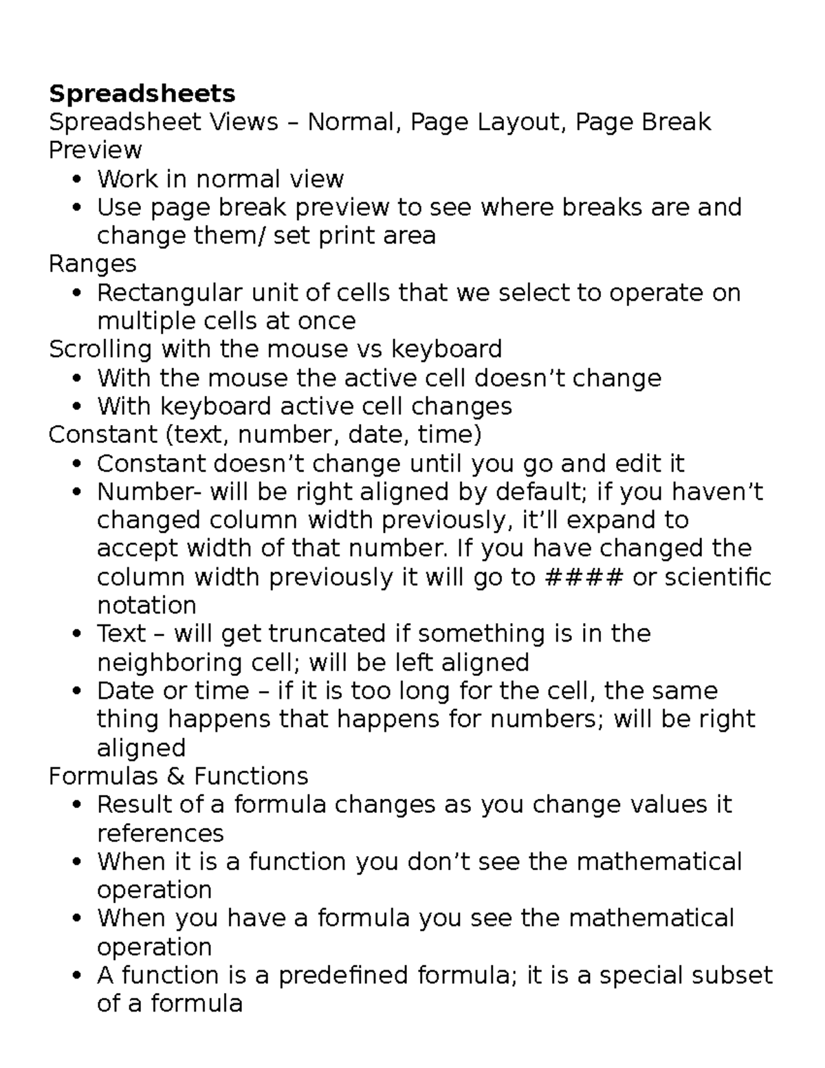 Review Sheet Exam 1 - Spreadsheets Spreadsheet Views – Normal, Page ...