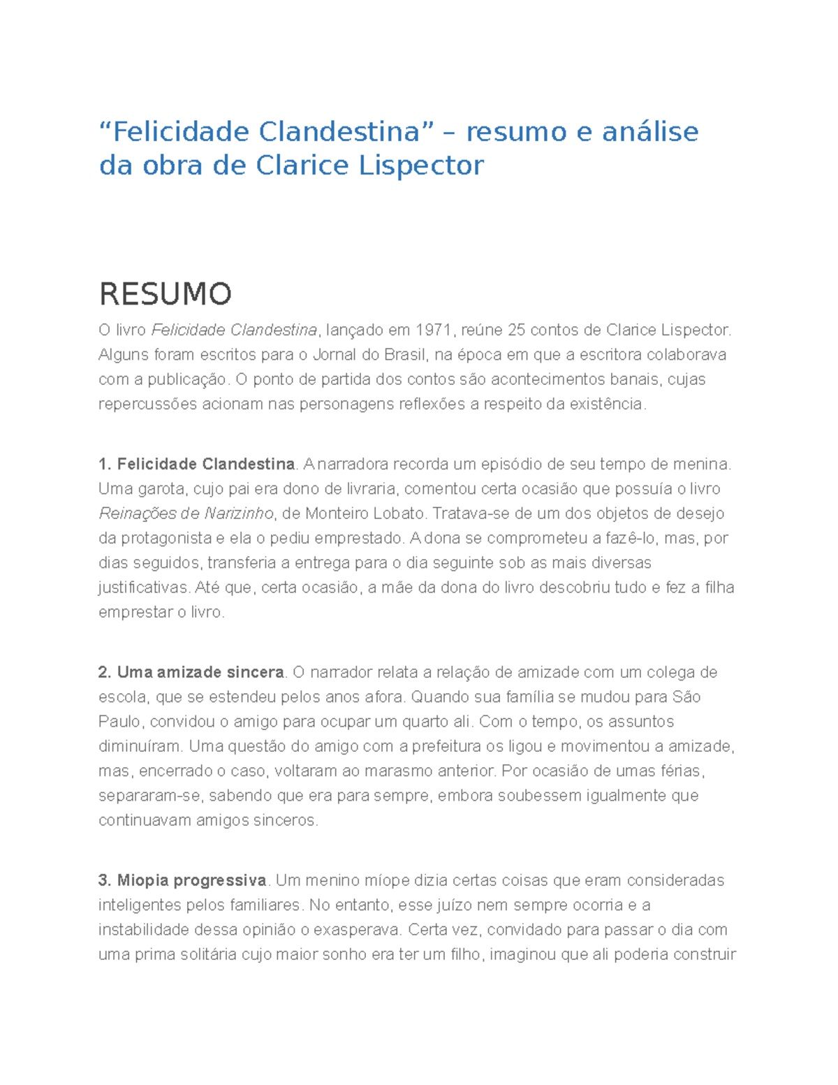 Analise Do Texto Felicidade Clandestina Pdf Contos Pensamento