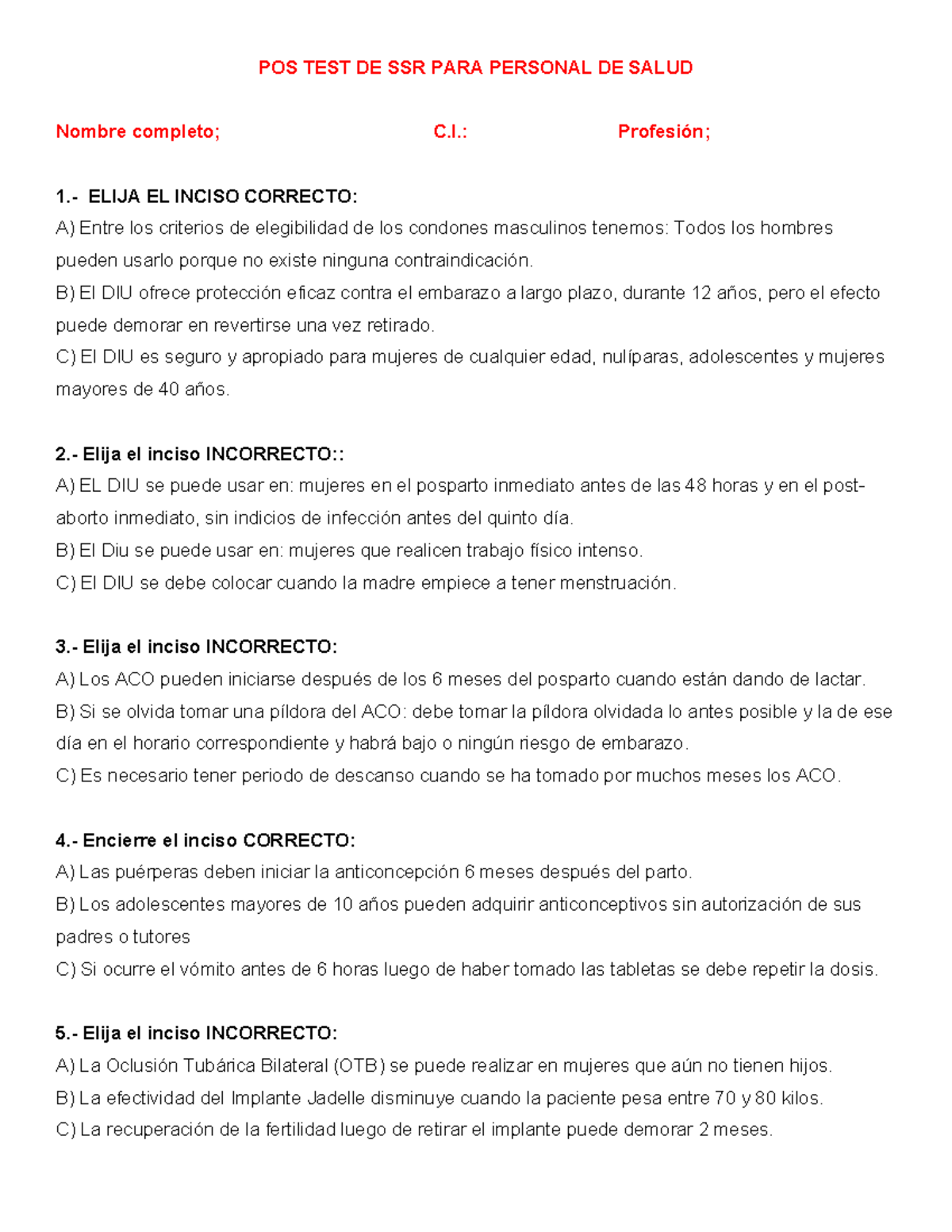 POS TEST DE SSR PARA Personal DE Salud - POS TEST DE SSR PARA PERSONAL ...