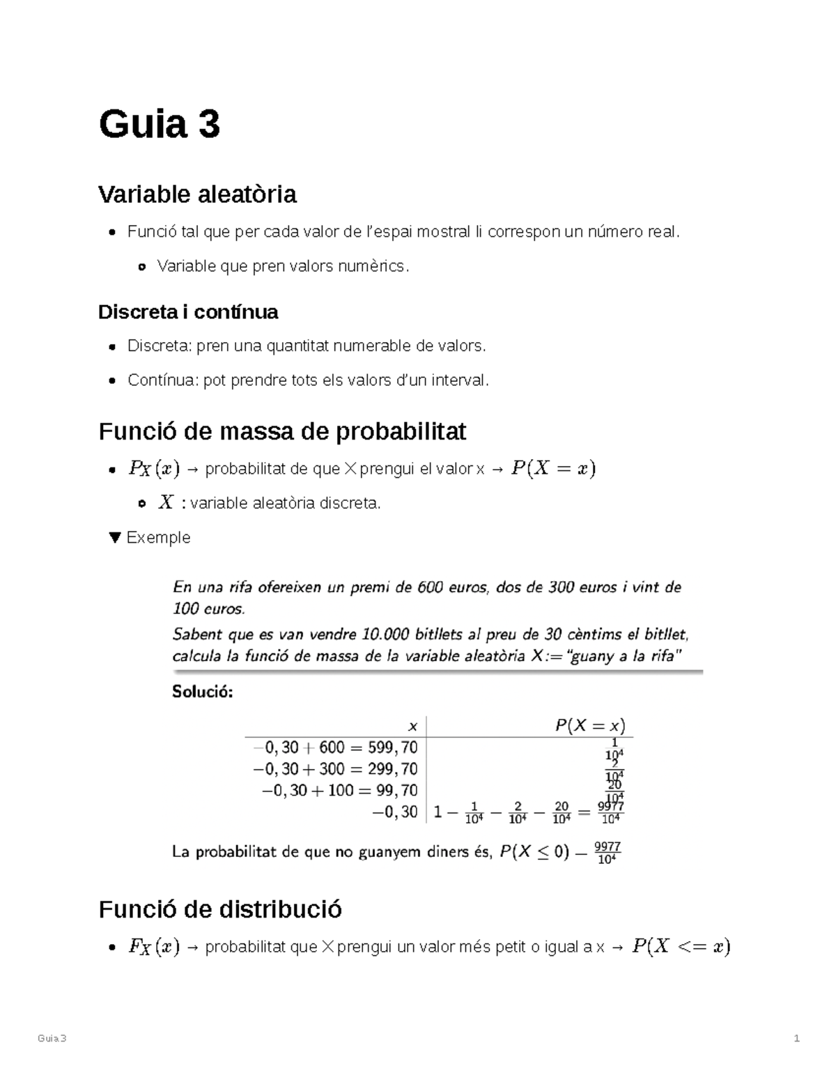 Guia 3 - Probabilitat - Guia 3 1 Guia 3 Variable Aleatòria Funció Tal ...