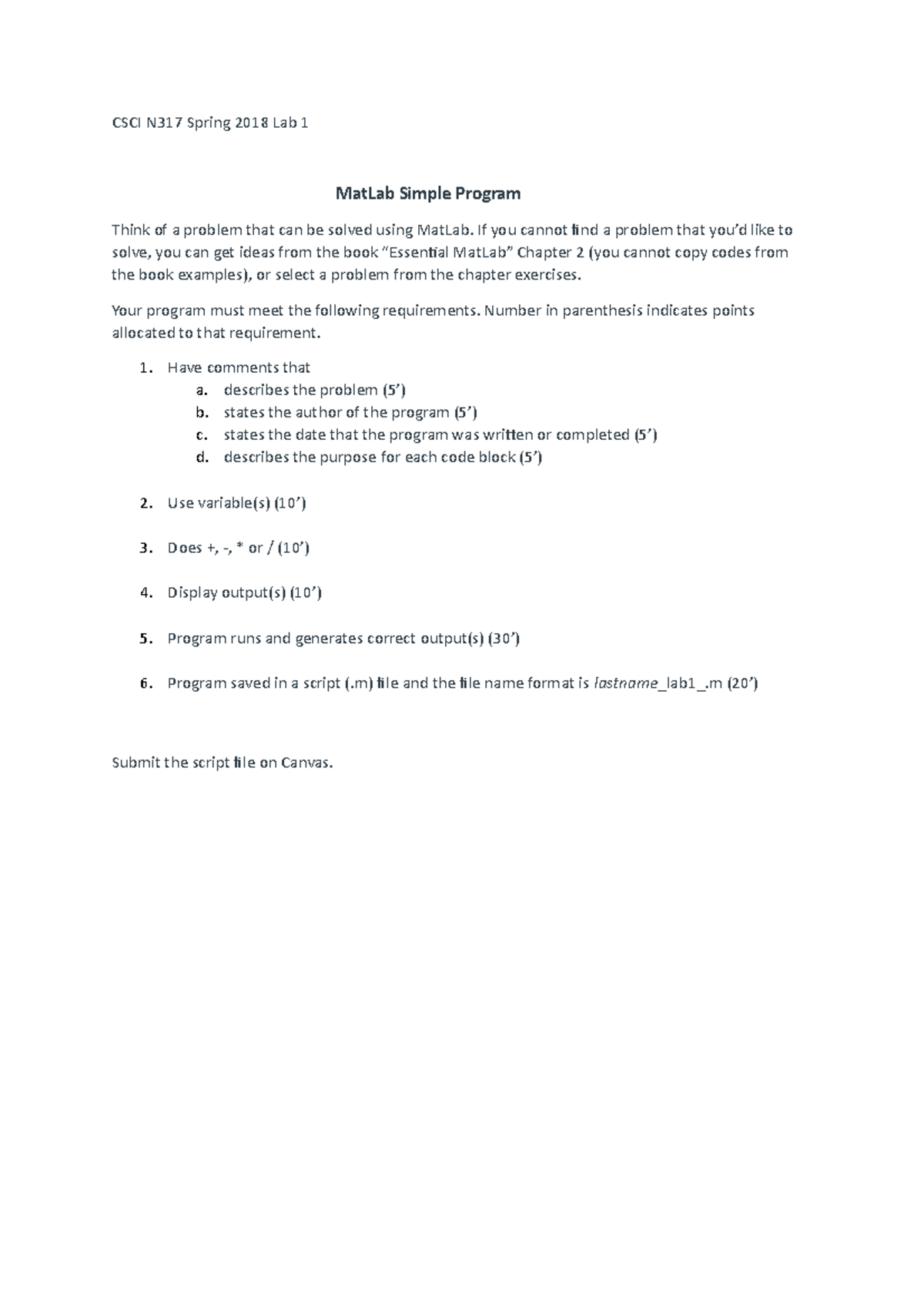 Lab1 Mat Lab Simple Program - CSCI N317 Spring 2018 Lab 1 MatLab Simple ...