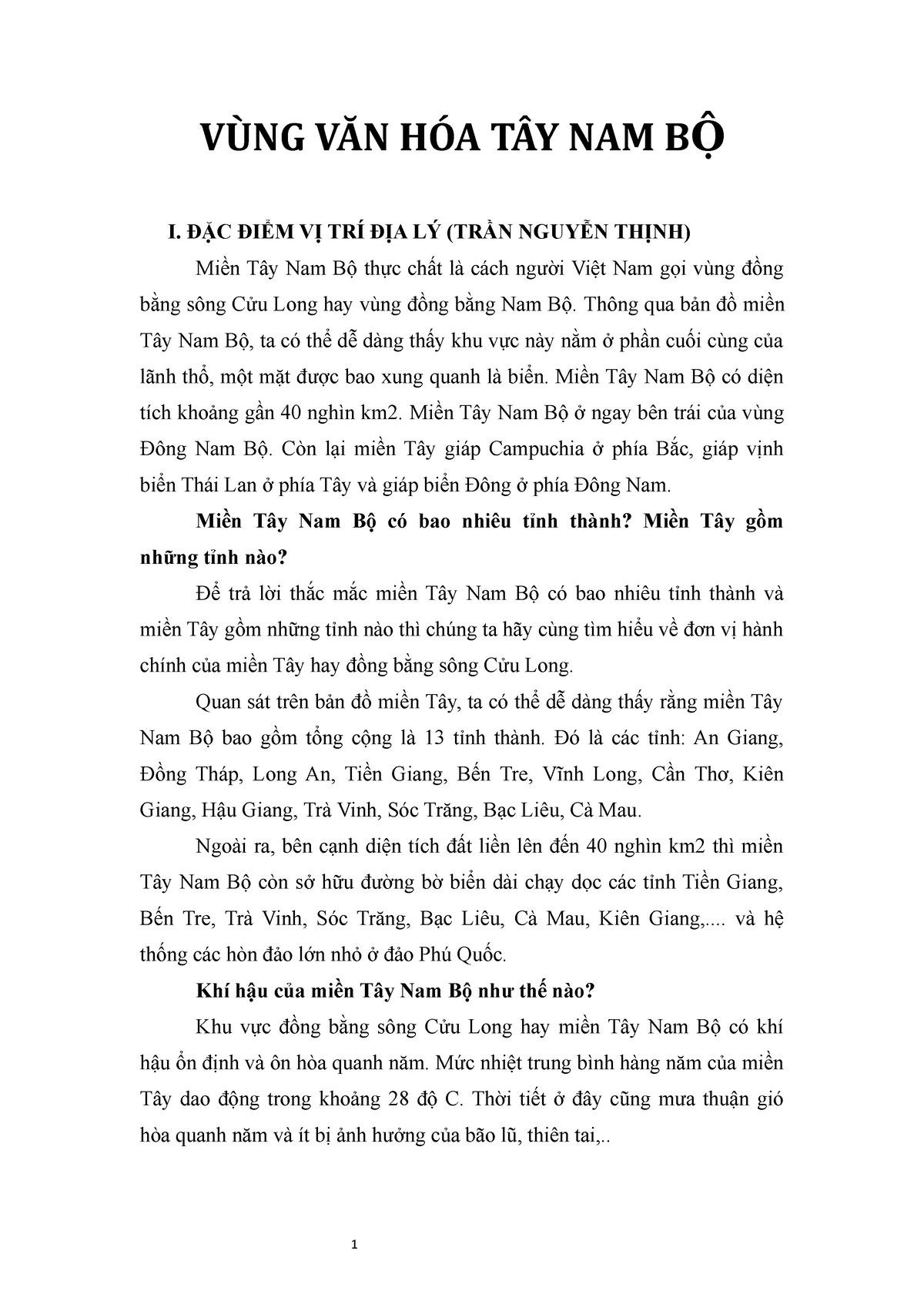 VÙNG VĂN HÓA TÂY NAM BỘ - Định hướng, giải pháp bảo vệ nền tảng tư tưởng của Đảng, đấu tranh ngăn - Studocu