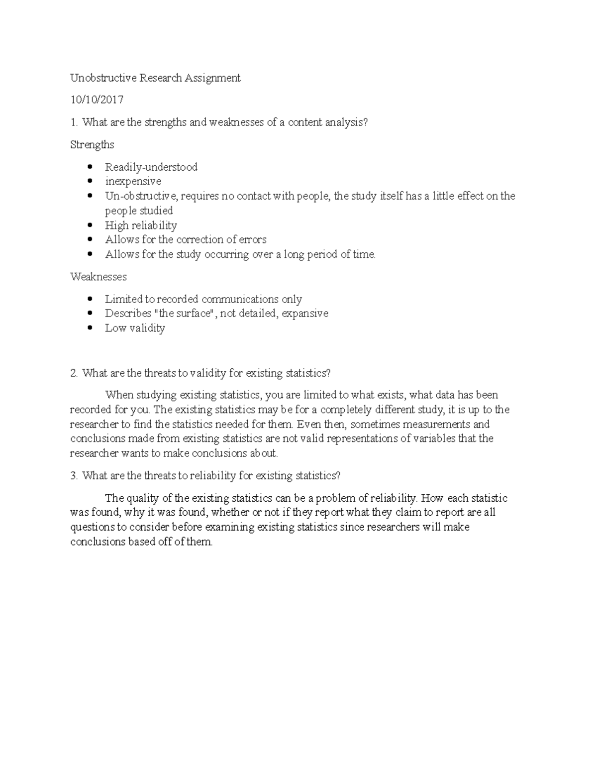 Unobstructive Assignment - Unobstructive Research Assignment 10/10/2017 ...