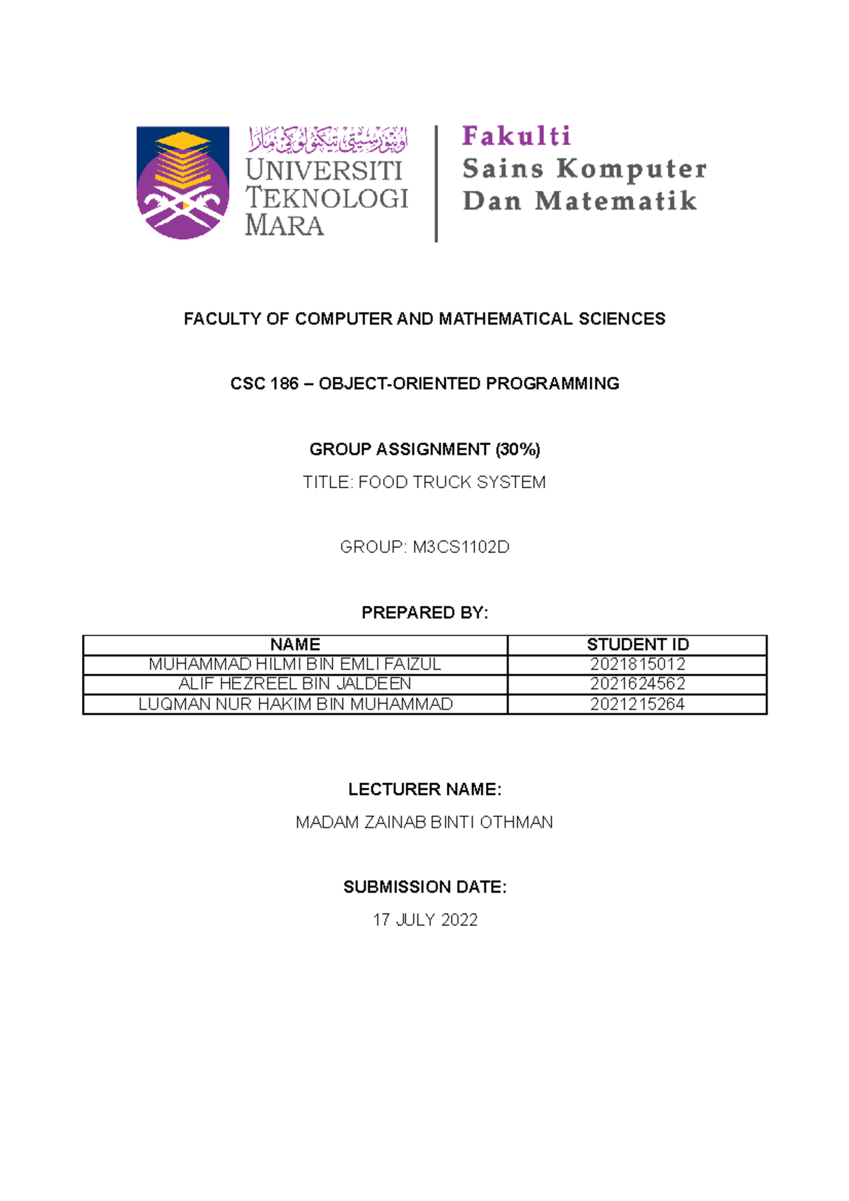 Final Report - FACULTY OF COMPUTER AND MATHEMATICAL SCIENCES CSC 186 ...