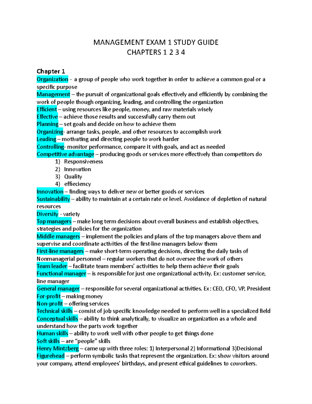 Management EXAM 1 Study Guide - MANAGEMENT EXAM 1 STUDY GUIDE CHAPTERS ...