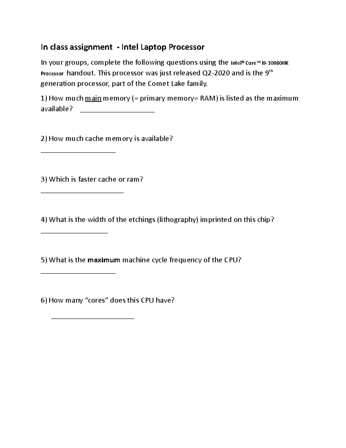 In class assignment Intel Chip Fa 20 In class assignment Intel