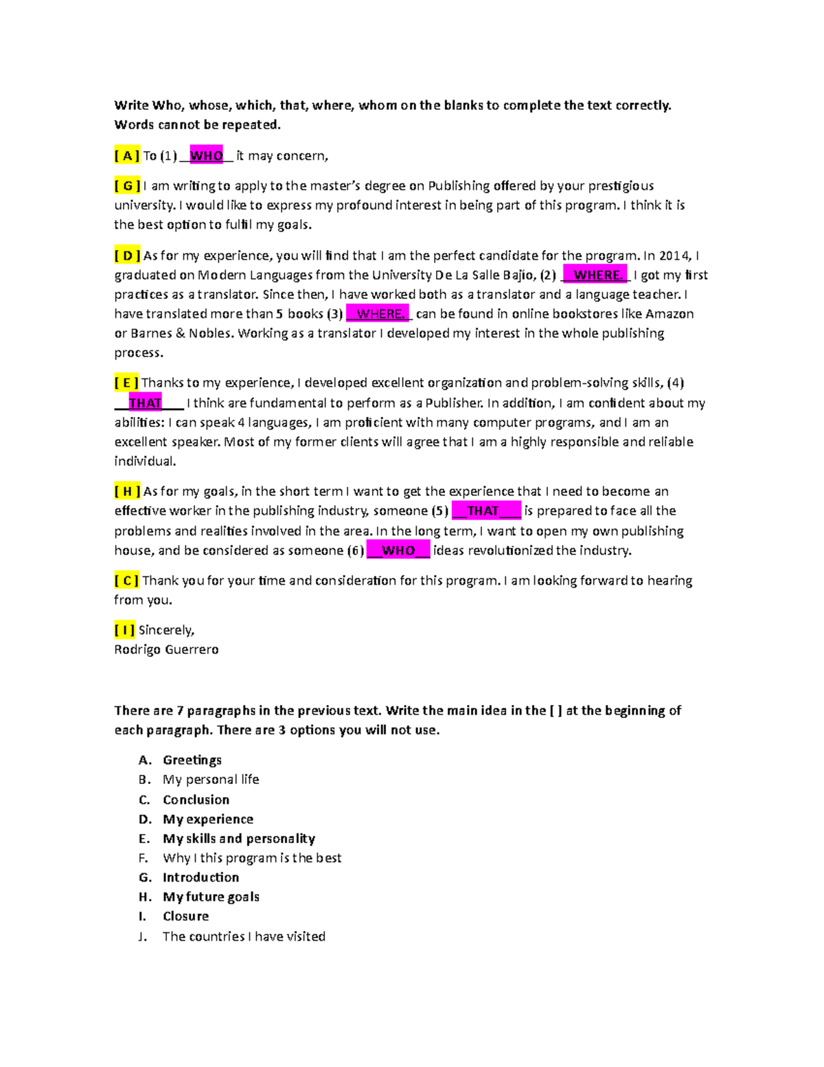 Reading Exercise - Write Who, whose, which, that, where, whom on the ...