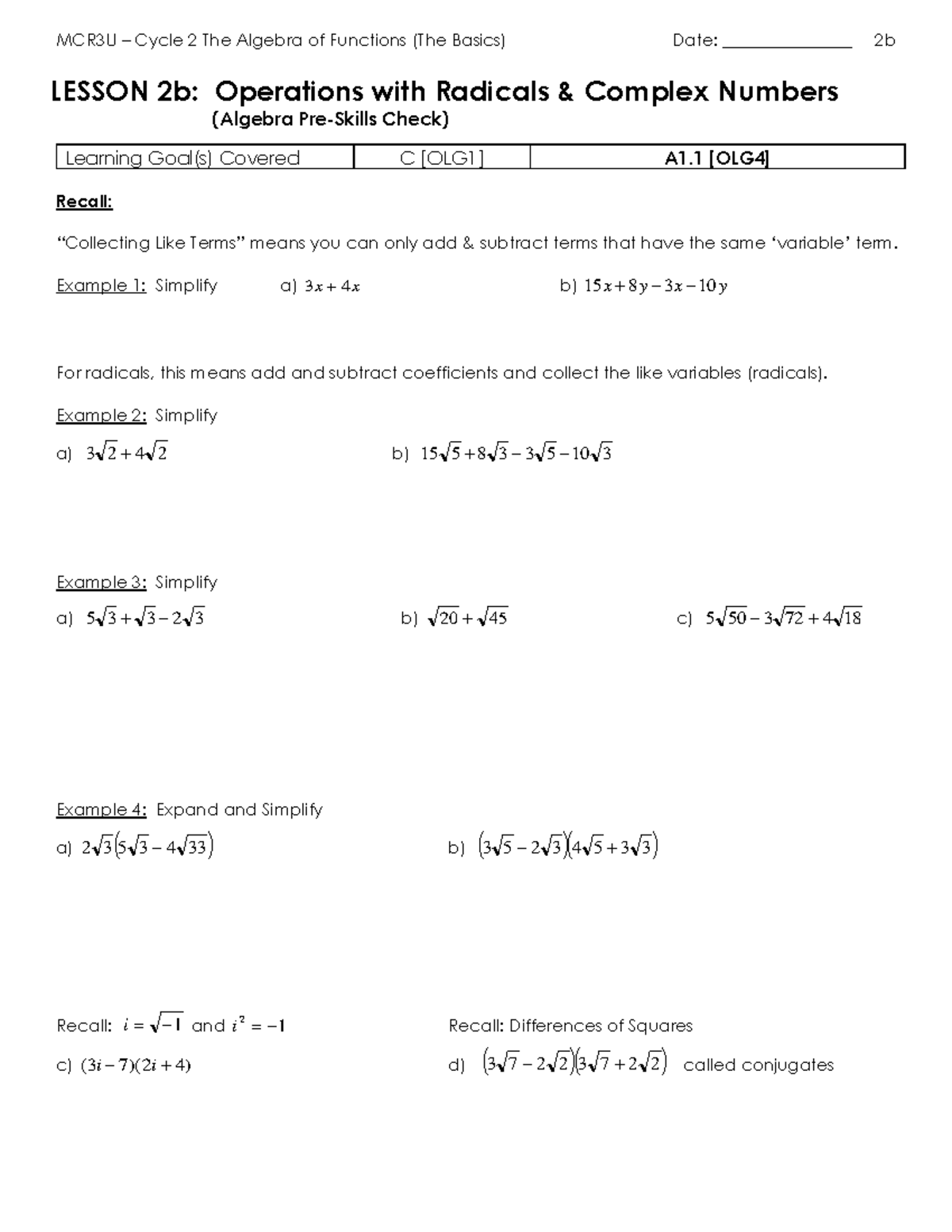 C2 - 2b - Operations with Radicals and Complex Numbers Lesson - MCR3U ...