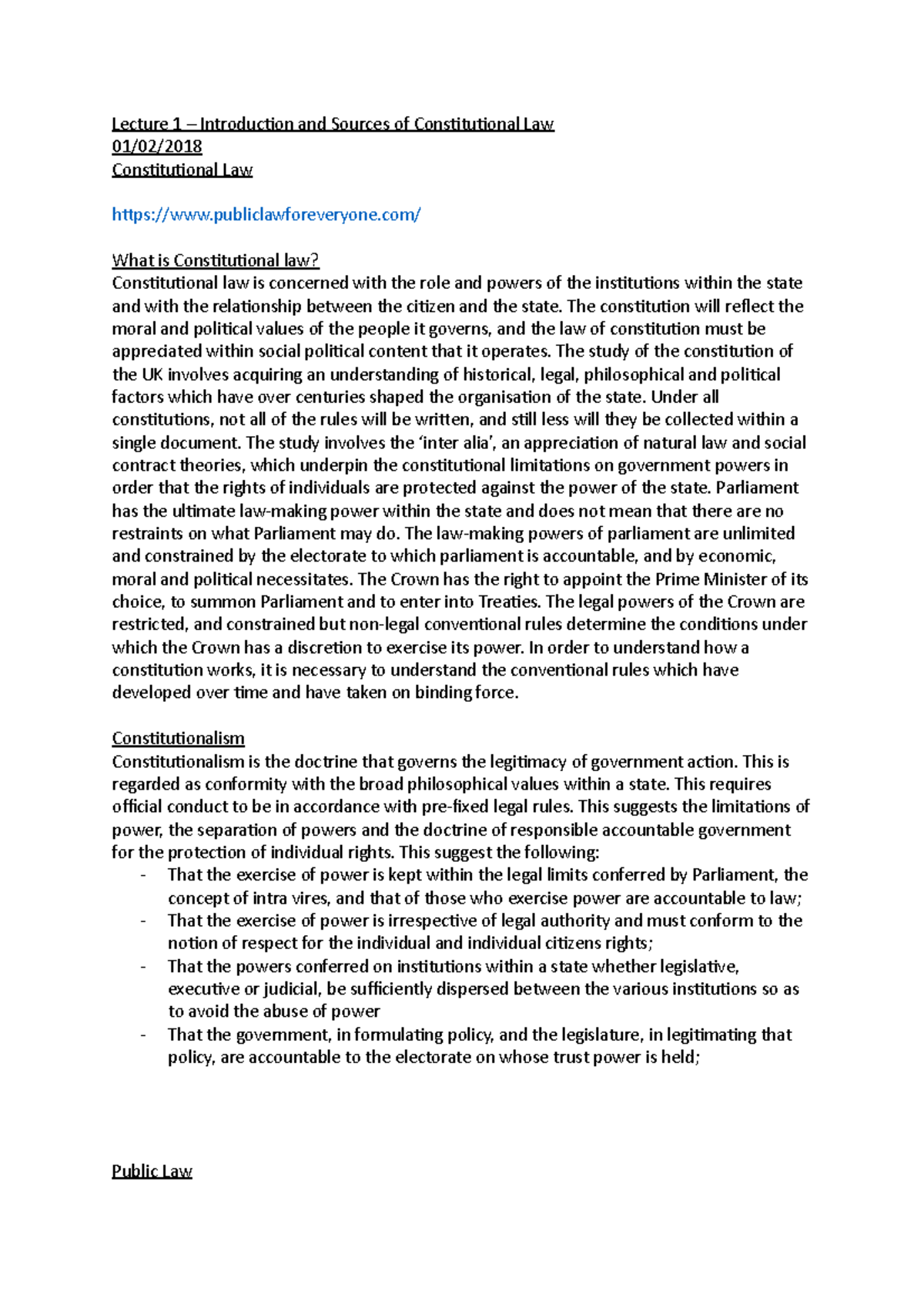 Lecture 1 – Introduction and Sources of Constitutional Law - Lecture 1 ...