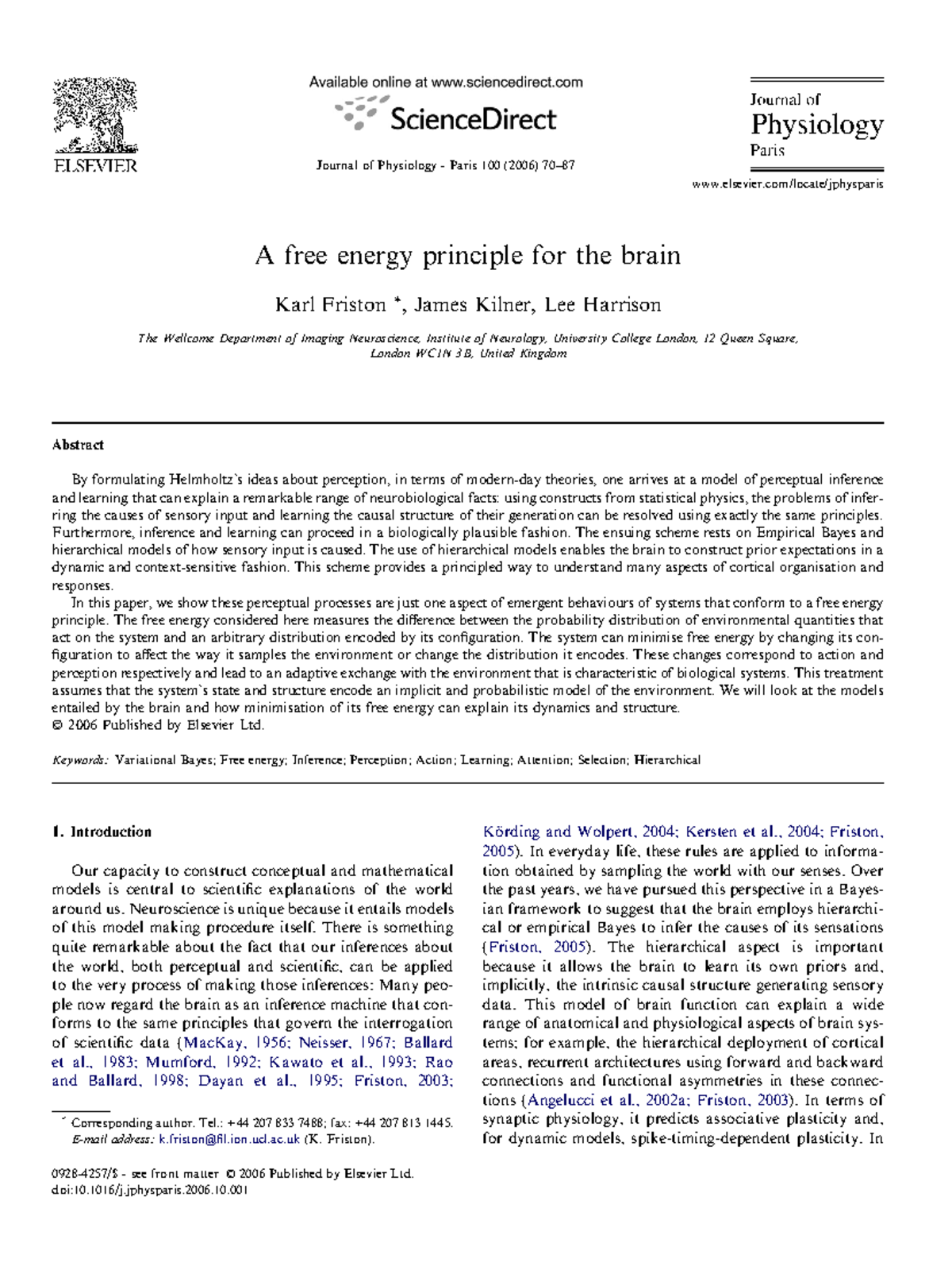 A free energy principle for the brain - Neuropsicoloxía - USC - Studocu