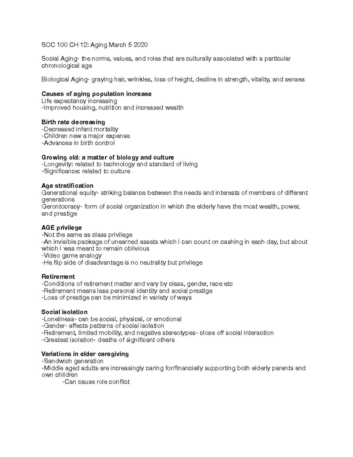 SOC 100 CH 12 - SOC 100 CHAPTER NOTES - SOC 100 CH 12: Aging March 5 ...