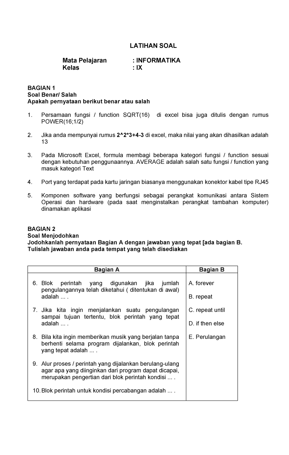 Latihan SOAL KLS 9 - Lat Soal Kls 9 - LATIHAN SOAL Mata Pelajaran ...