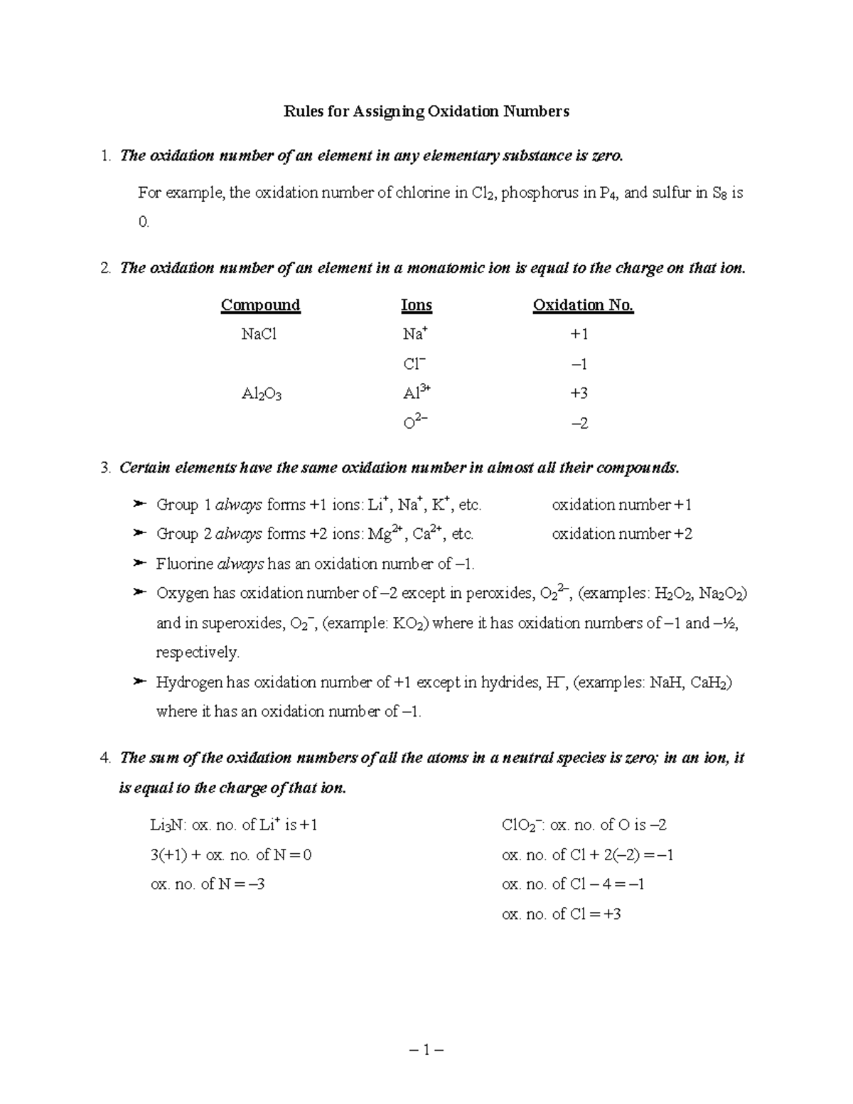 Oxnumbers - Not applicable - Rules for Assigning Oxidation Numbers The ...